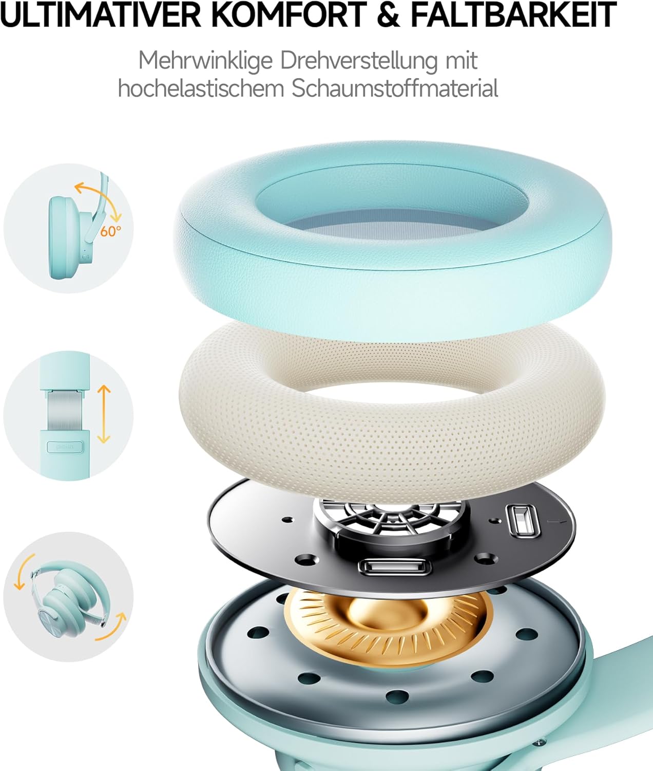 Thumbnail 4 de Picun B8 Bluetooth Over-Ear Kopfhörer (Cyan) – bis zu 120 Std. Spielzeit, niedrige Latenz & 3 EQ-Modi