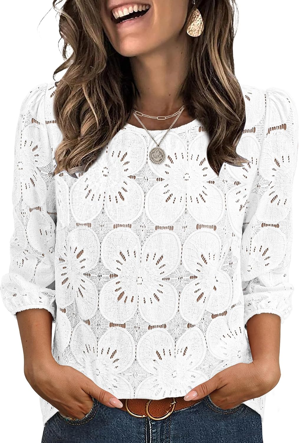 Detalle de Sampeel Women’s Lace Eyelet 3/4 Sleeve Blouse (Dressy-Casual Puff Sleeve Top)