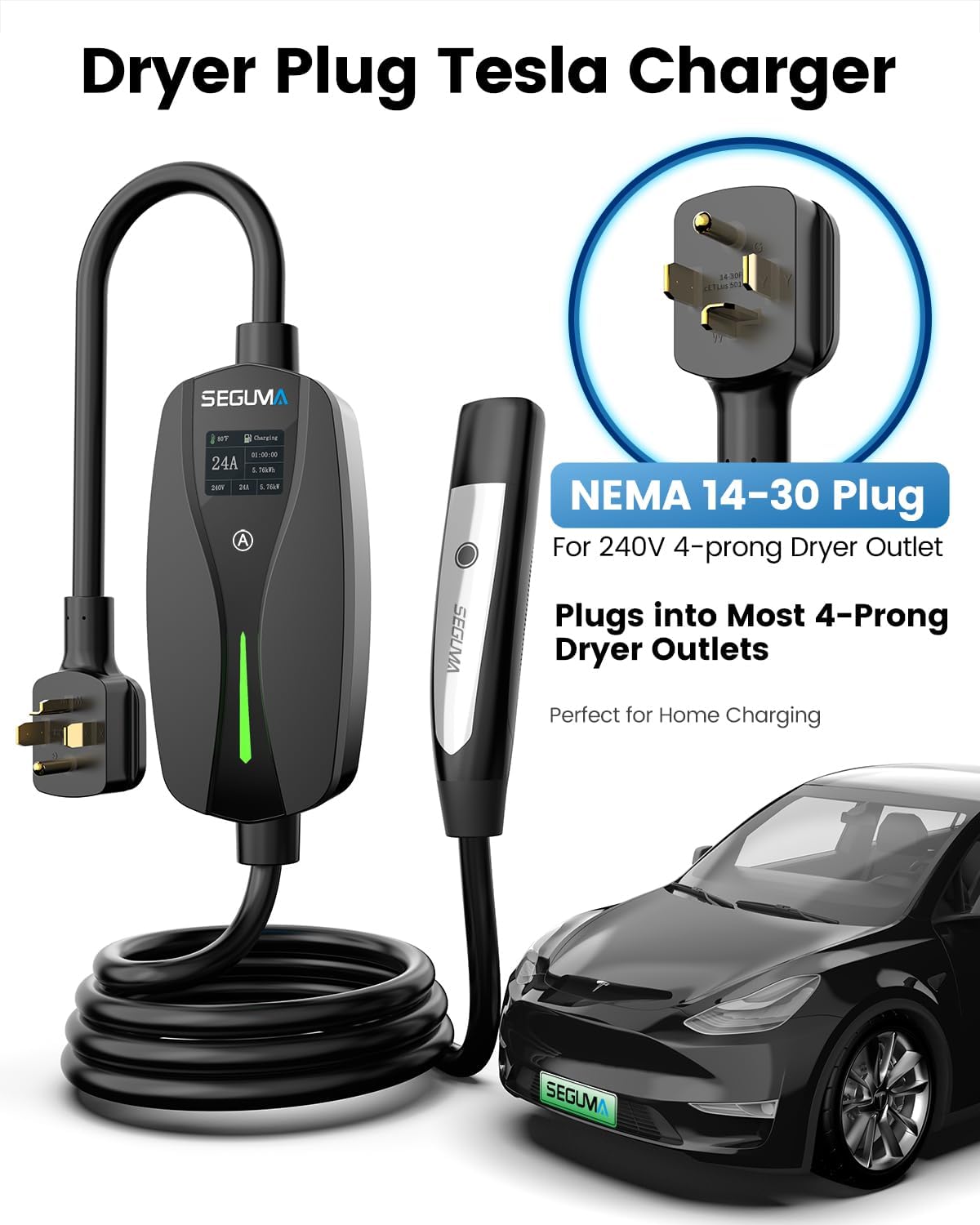 Thumbnail 1 de SEGUMA Level 2 Tesla Charger-24A 240V with NEMA 14-30, 25ft Extension Cable