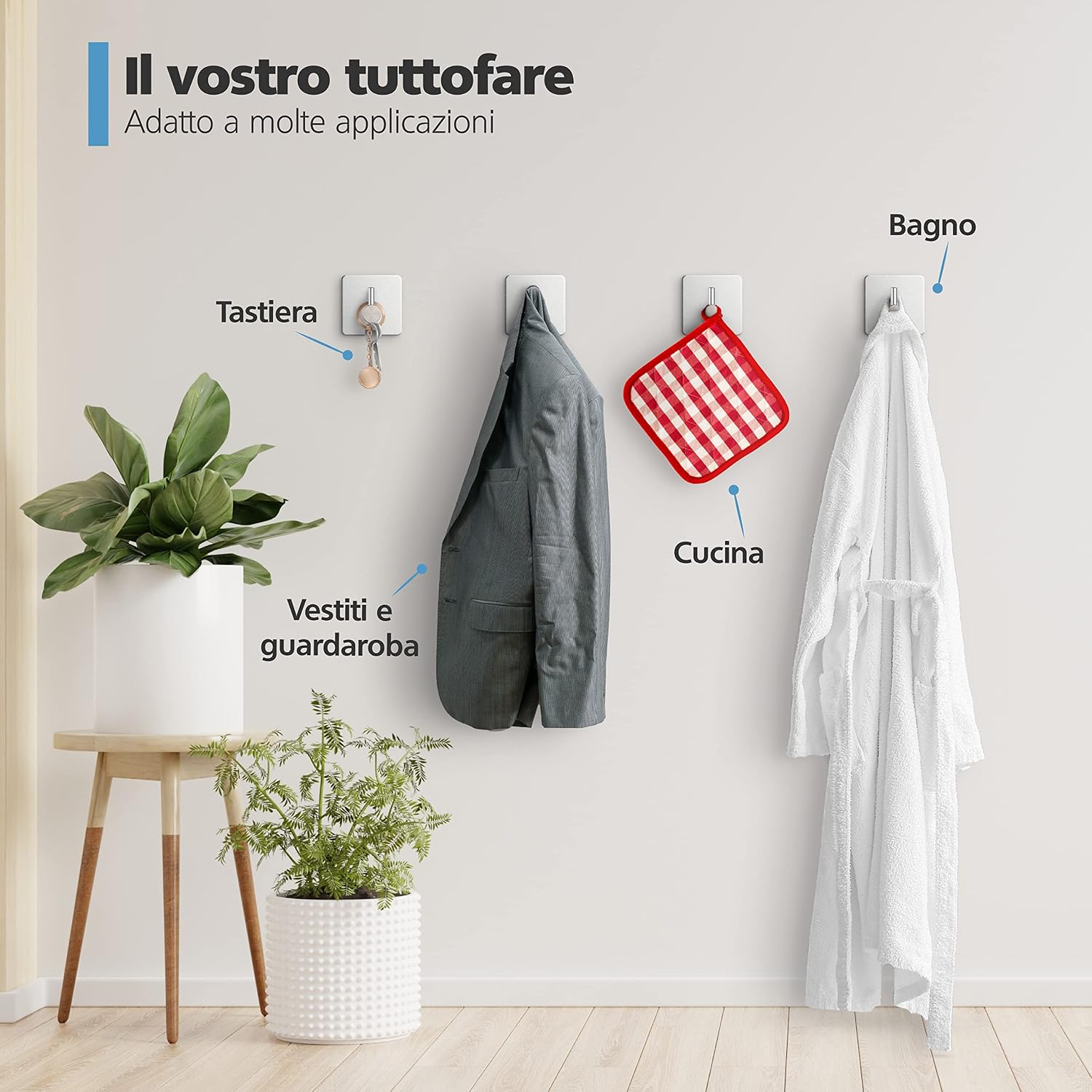 Detalle de Virea set di 4 ganci da parete auto-adesivi senza forare in acciaio inox (fino a 8 kg) per bagno e cucina