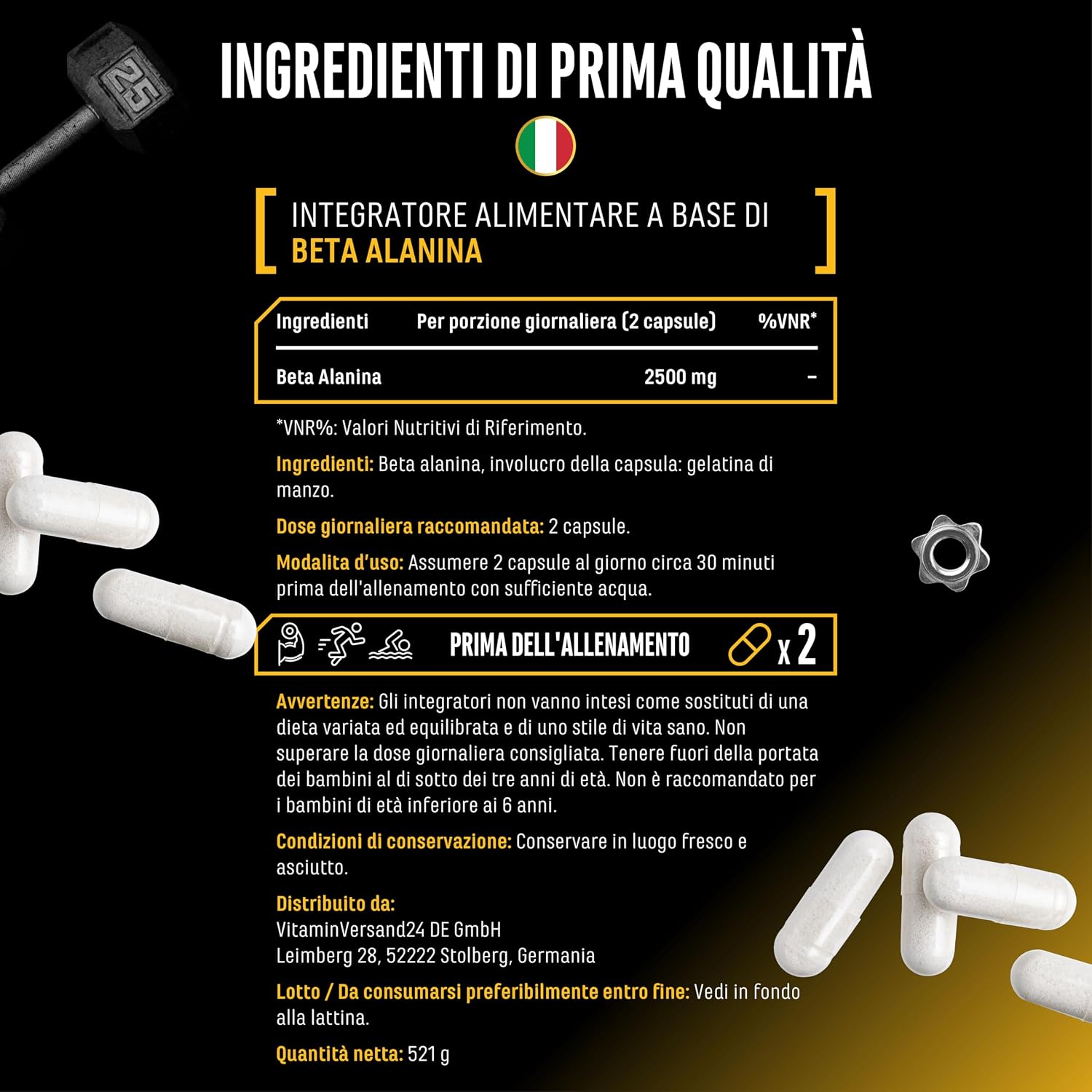 Detalle de Beta Alanina Ultra Caps di German Elite Nutrition: 365 capsule da 1.250 mg ciascuna