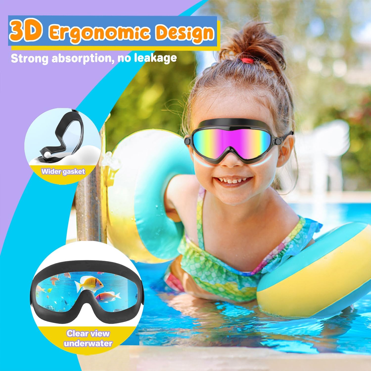 Detalle de COOLOO Kids Swimming Goggles (2 Pack) – Wide Vision, Anti-Fog, UV Protection for 4–14 Year Olds