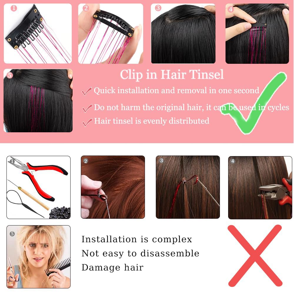 Detalle de Hair Tinsel Pack of 12 Clip-In Glitter Extensions (20 Inch) — Colorful Party Hair Accessories for Women & Girls