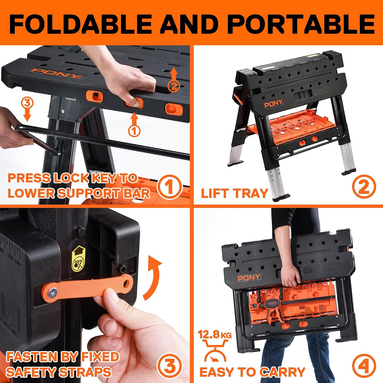 Detalle 1 de PONY 99214AJ.JP 2-in-1 opvouwbare werkbank en zaagbok, 6 hoogtes