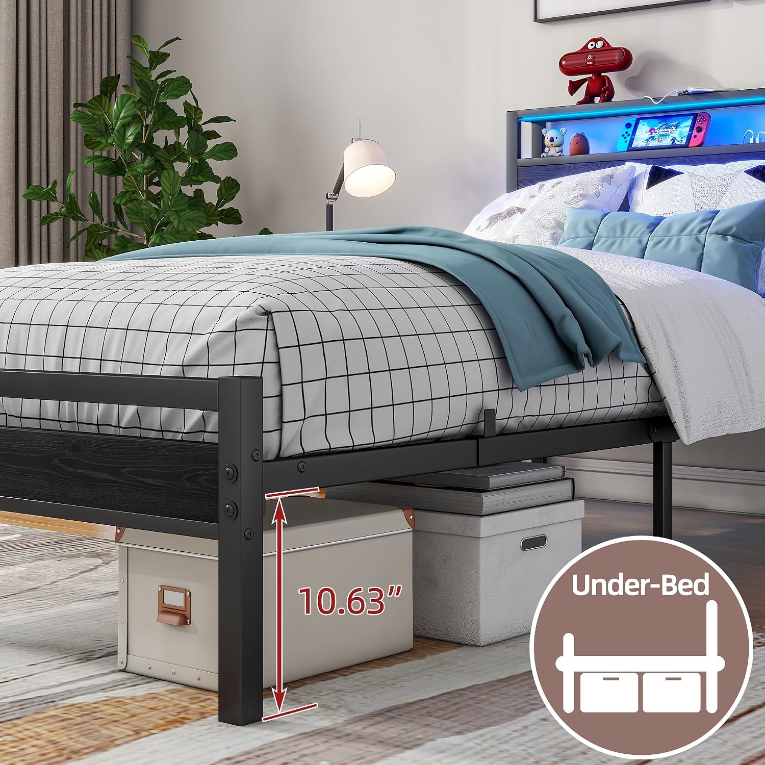 Detalle 2 de BORPHOM Letto in metallo e legno 90x200 cm con ricarica USB-C e vano portaoggetti