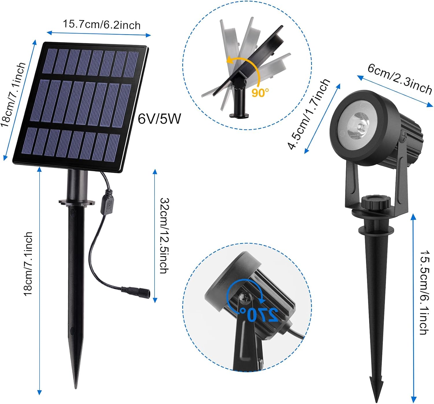 Detalle de NATPOW Solar Spot Lights Outdoor Garden – Dusk-to-Dawn, 3000K (6-in-1) IP65, Auto On/Off, 937 lumens