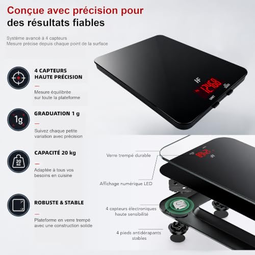 Detalle 2 de HomeFashion GRANDE Balance de Cuisine 20 kg – plateau verre 22 × 16 cm, Graduation 1 g