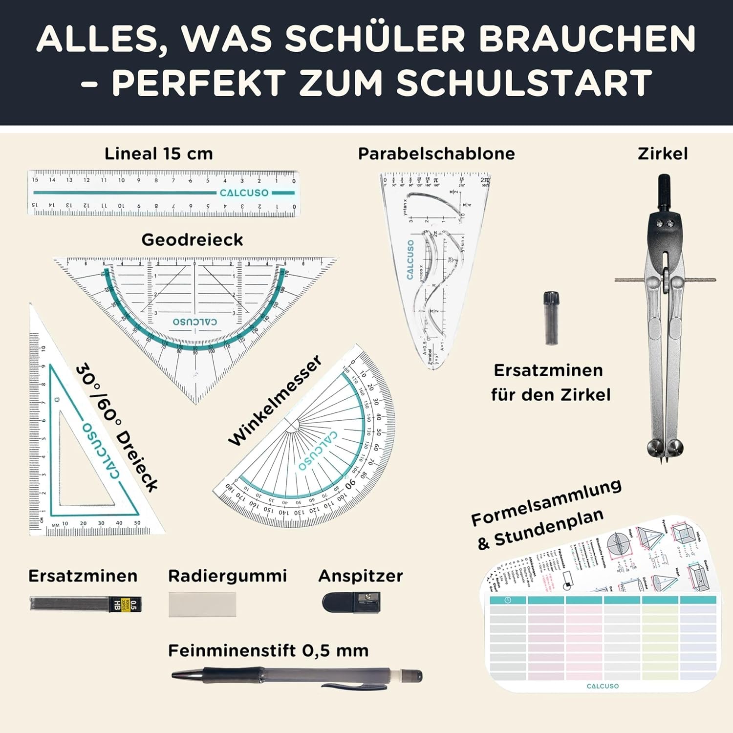 Thumbnail 5 de CALCUSO Geometrie Set Pro – 15-teiliges Geodreieck-Set mit Zirkel, Lineal, Schablonen & Federmappe