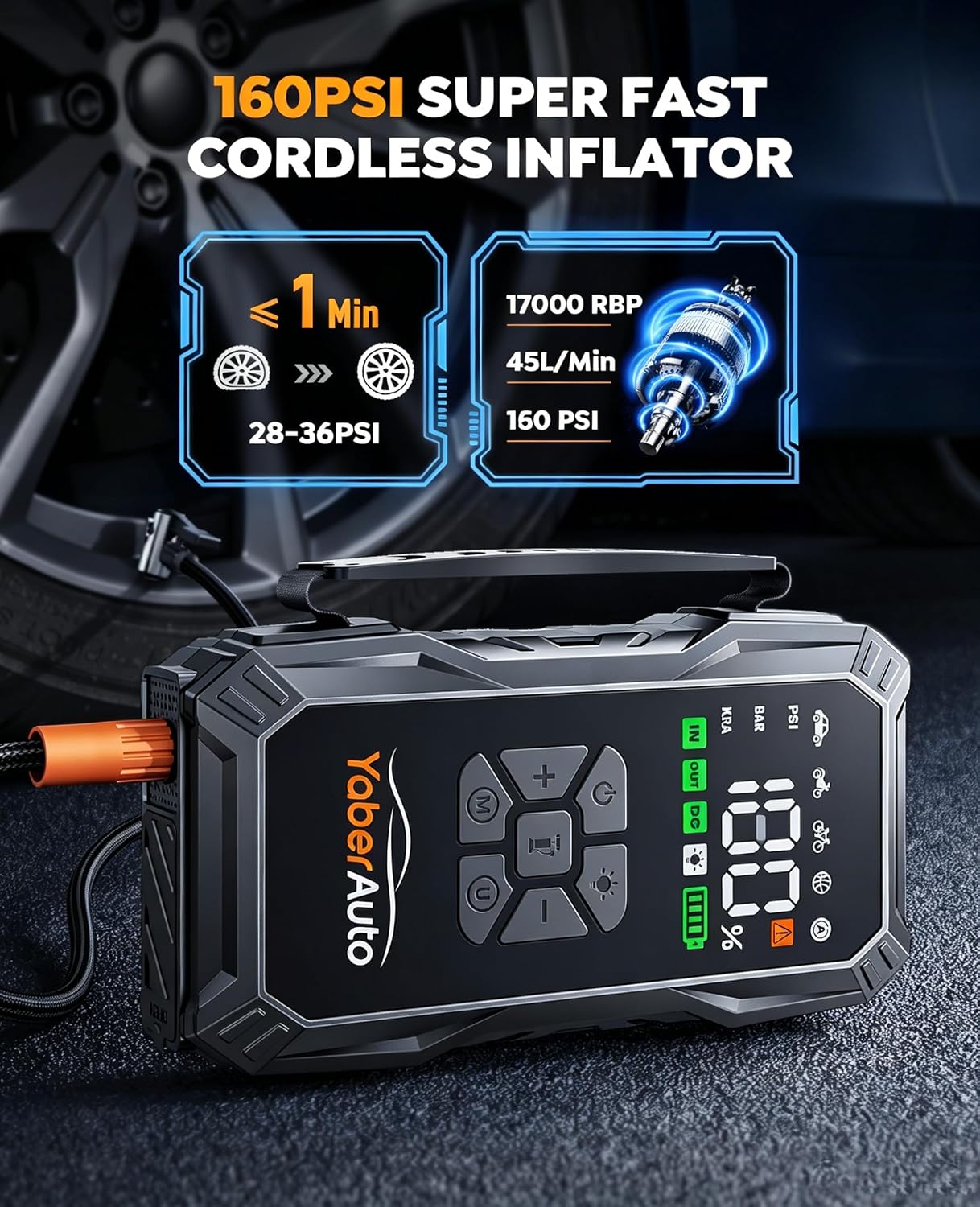 Thumbnail 2 de YaberAuto Jump Starter Power Pack 6000A (23800mAh) with Air Compressor 160PSI and LED Light