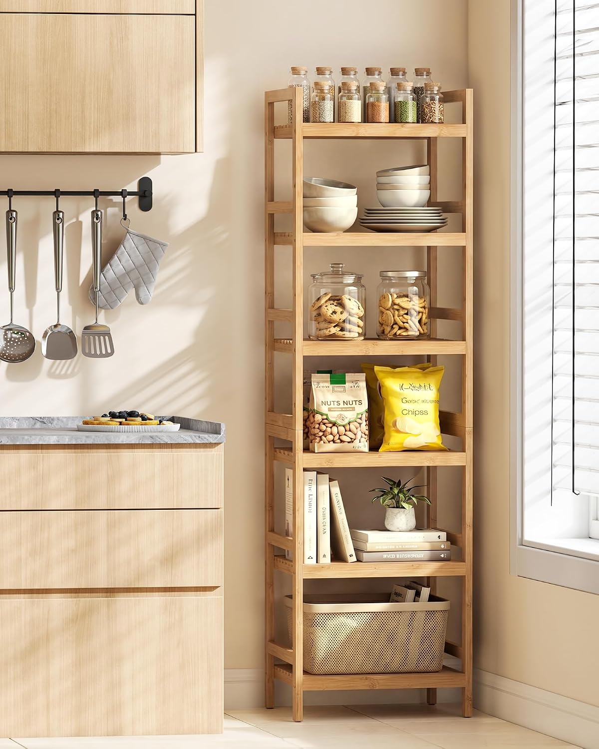 Thumbnail 1 de SONGMICS Bamboo Storage Shelf 6-Tier 30 x 43 x 173 cm – Natural Beige