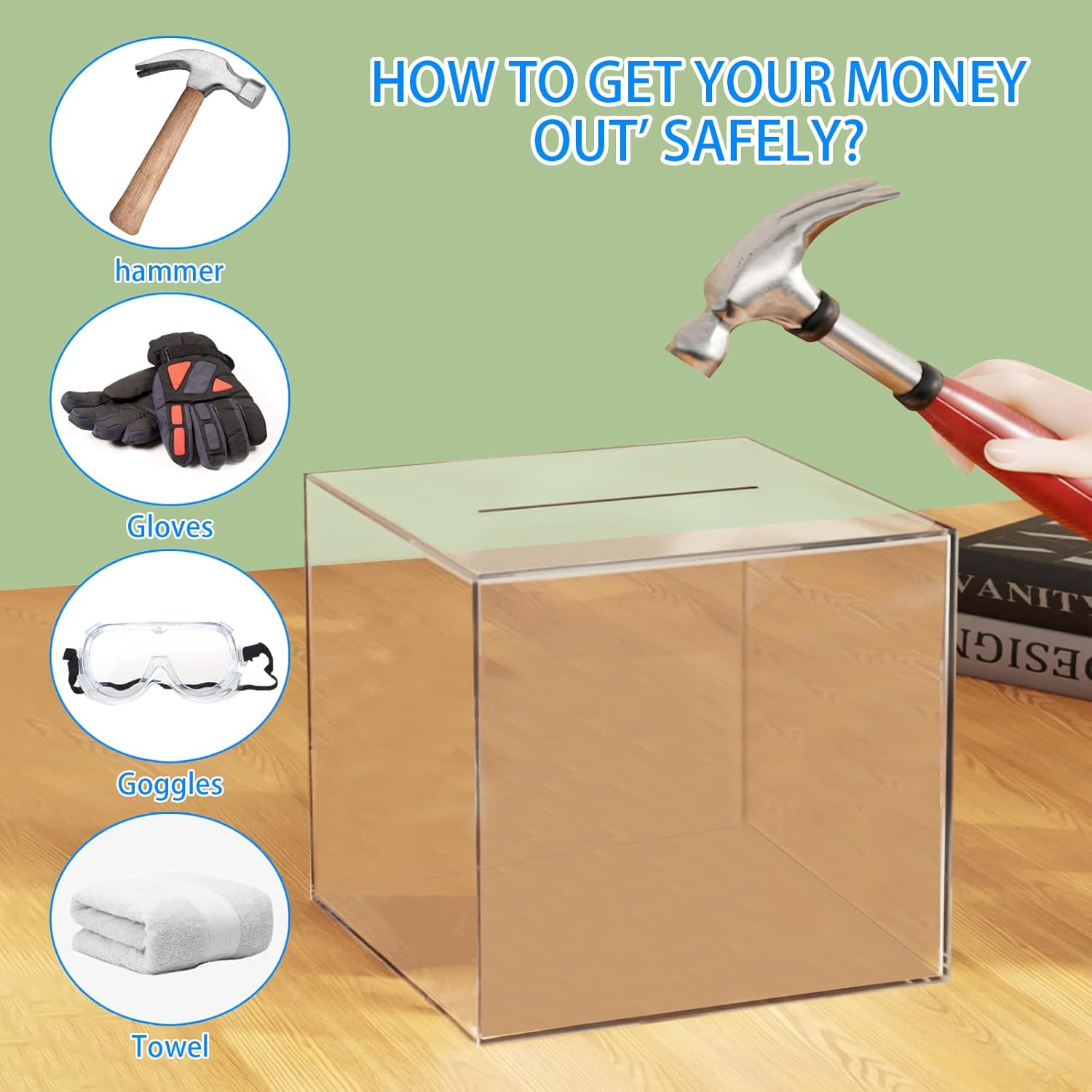 Thumbnail 2 de Clear acrylic money box for adults and kids – unopenable square piggy bank (12x12x12cm)