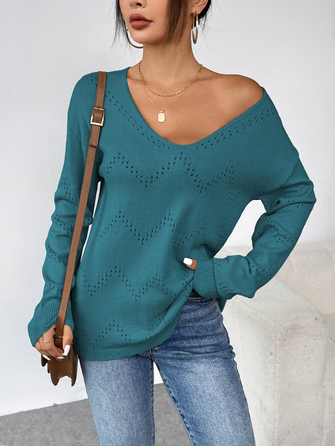 Detalle 2 de Zeagoo Suéter de Punto Elegante para Mujer Cuello en V S-XXL