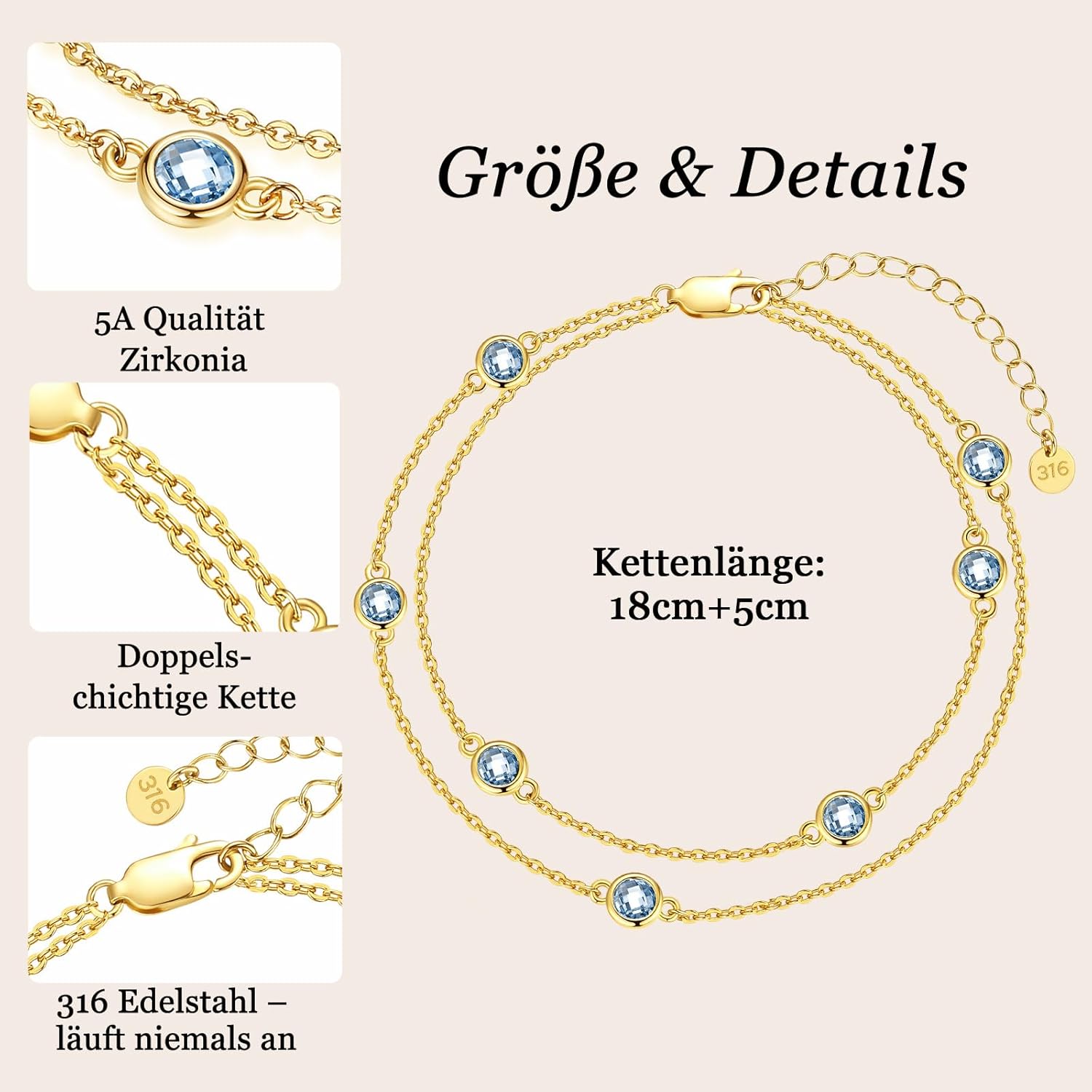 Thumbnail 4 de LOUISA SECRET Pferdeaugen Armband für Damen aus 925 Sterling Silber mit Zirkonia, goldfarben, verstellbar