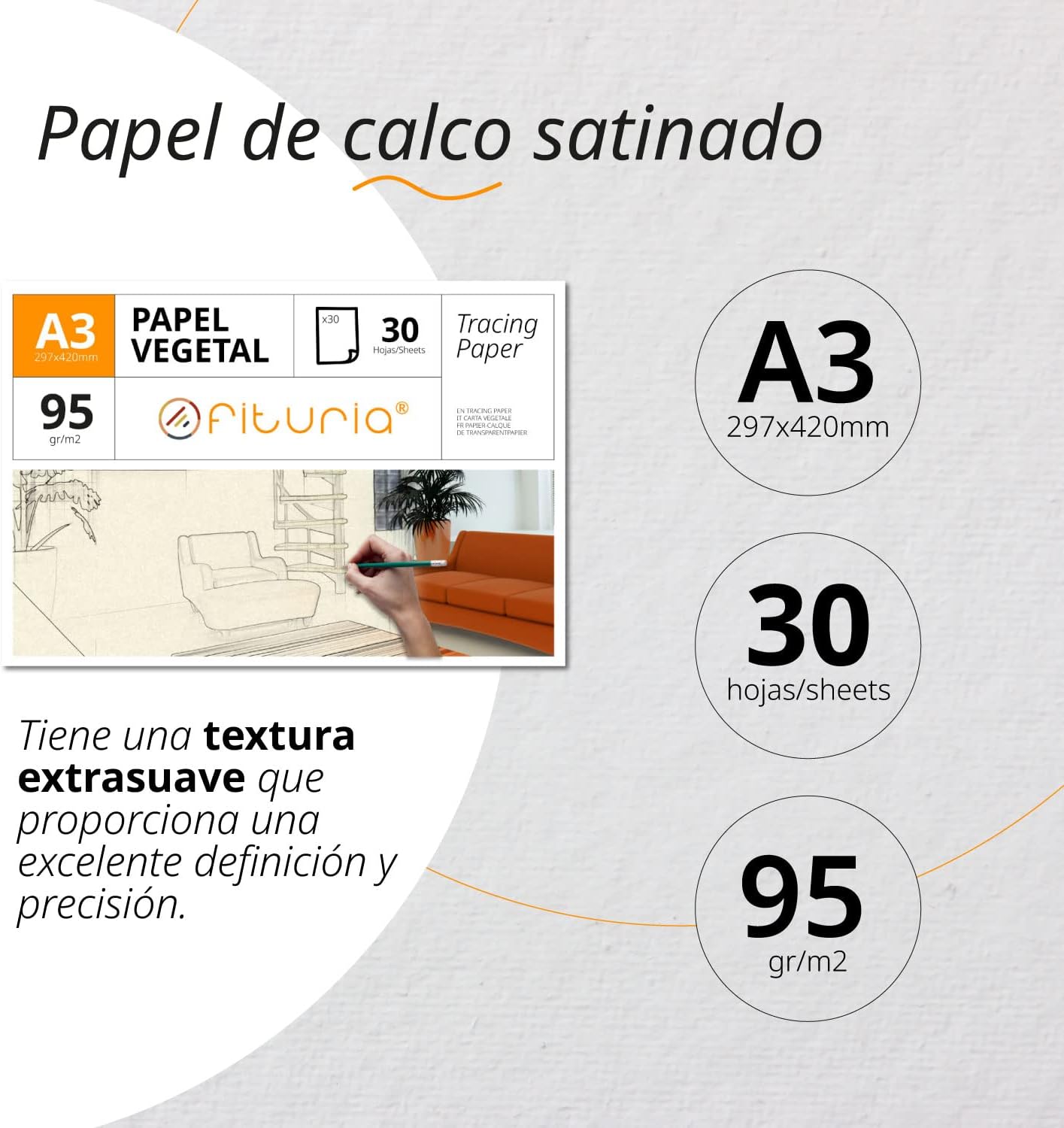 Thumbnail 1 de Papel Vegetal A3 Satinato 95 g/m² – Ofituria, 30 Fogli, acido-free