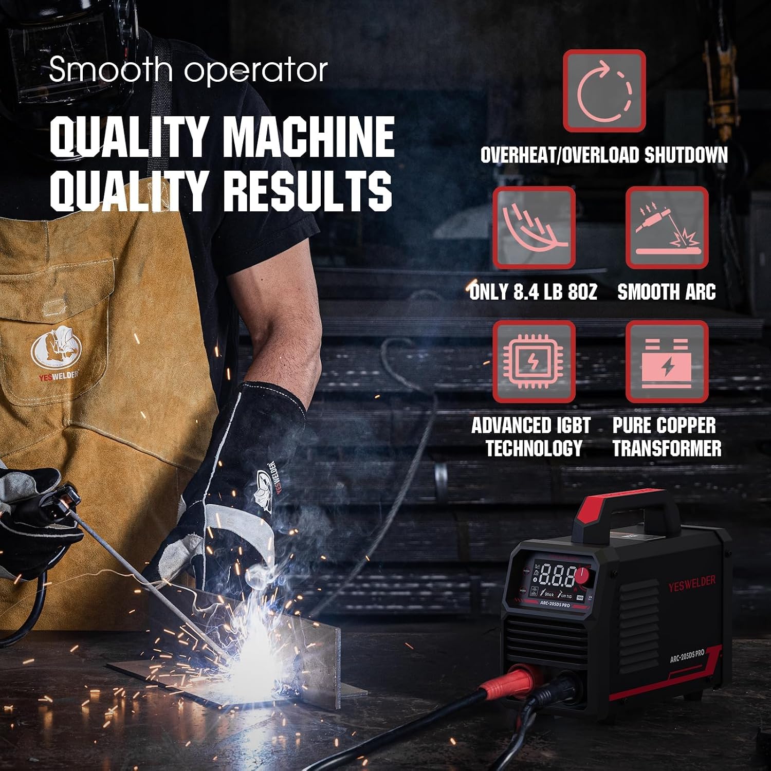 Detalle de YESWELDER 205Amp Stick Welder with Large LED Display and Lift TIG Torch