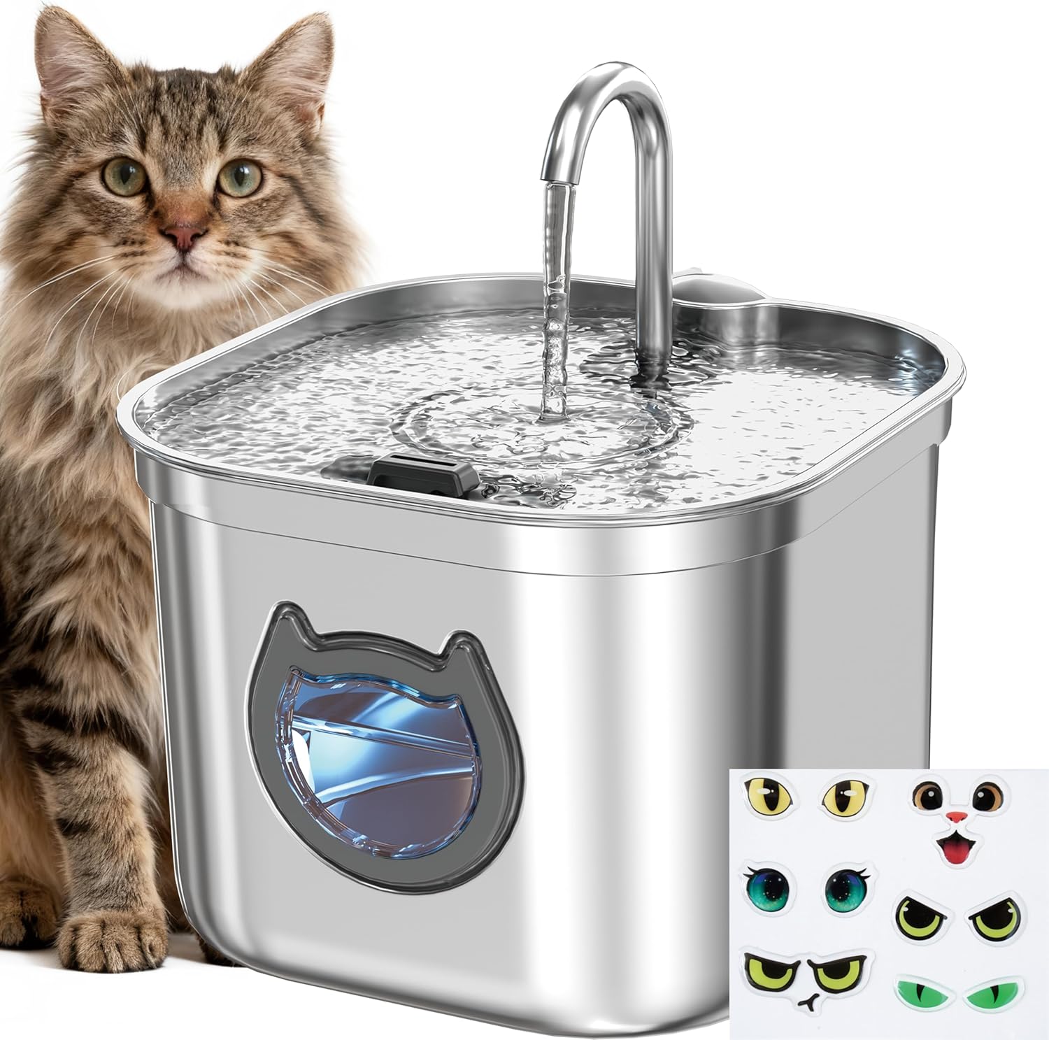 Detalle de Cat Water Fountain for Drinking 2.2L Stainless Steel with Filter, LED Night Light and Quiet Pump