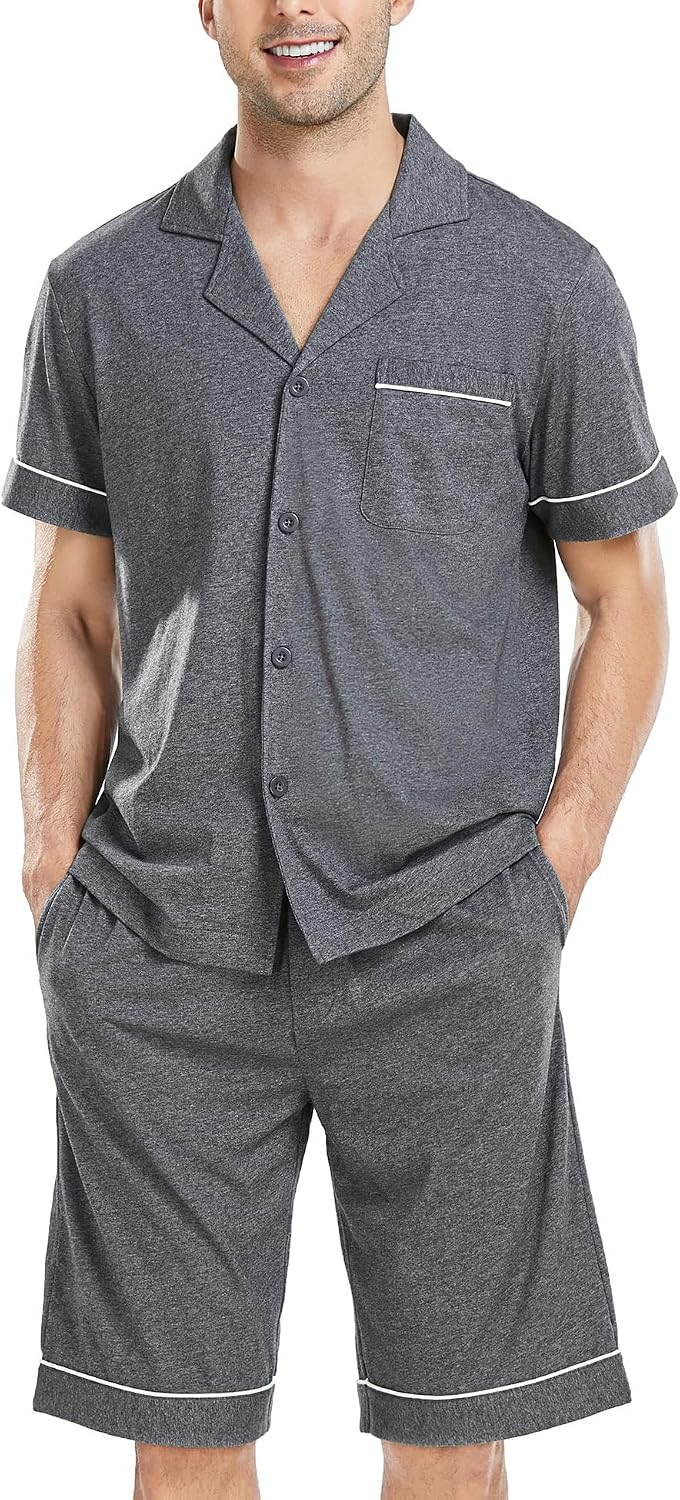 Detalle 2 de COLORFULLEAF Men’s Cotton Pajama Set with Pockets Notched Collar