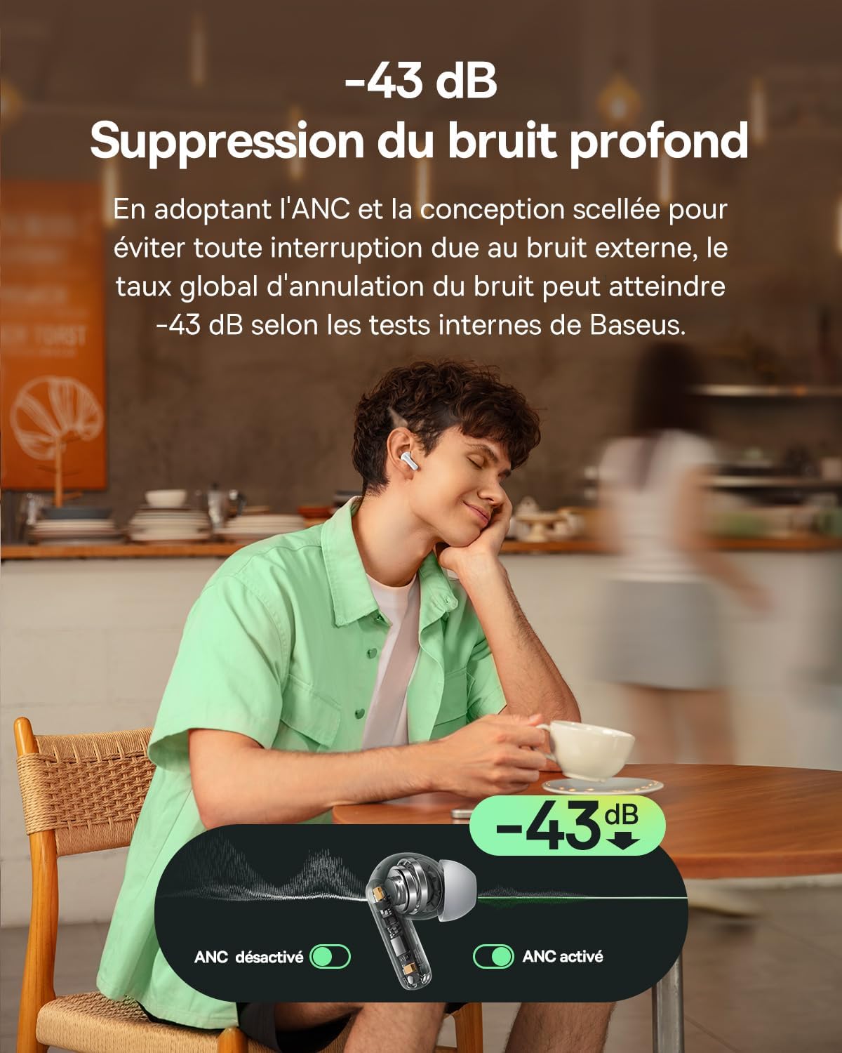 Detalle 2 de Baseus EP10 NC écouteurs Bluetooth avec réduction de bruit, 41 h