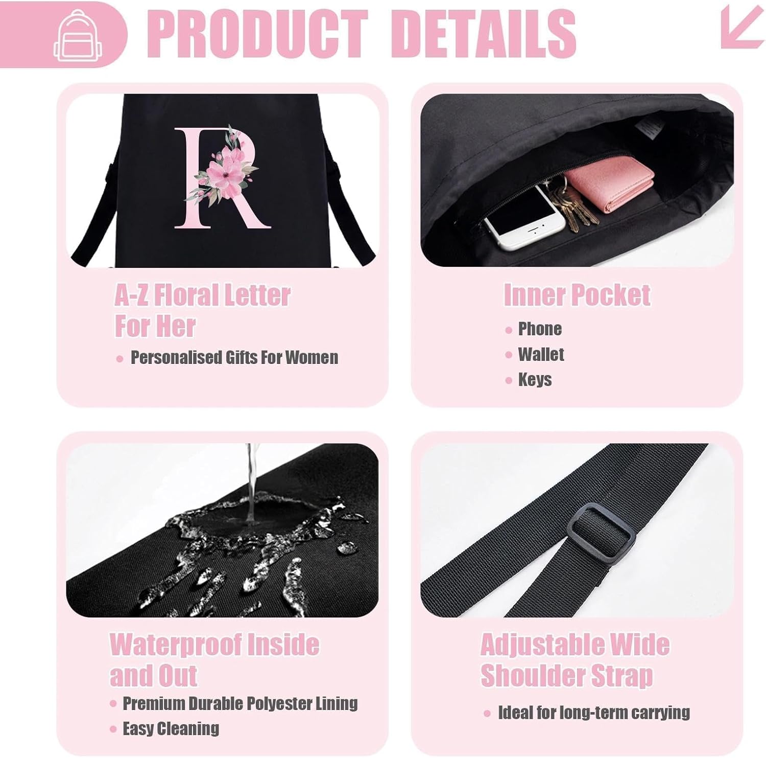 Detalle 2 de A-Z BAG Zaino Personalizzabile con Iniziale Fiore – 4 in 1 Impermeabile Nero