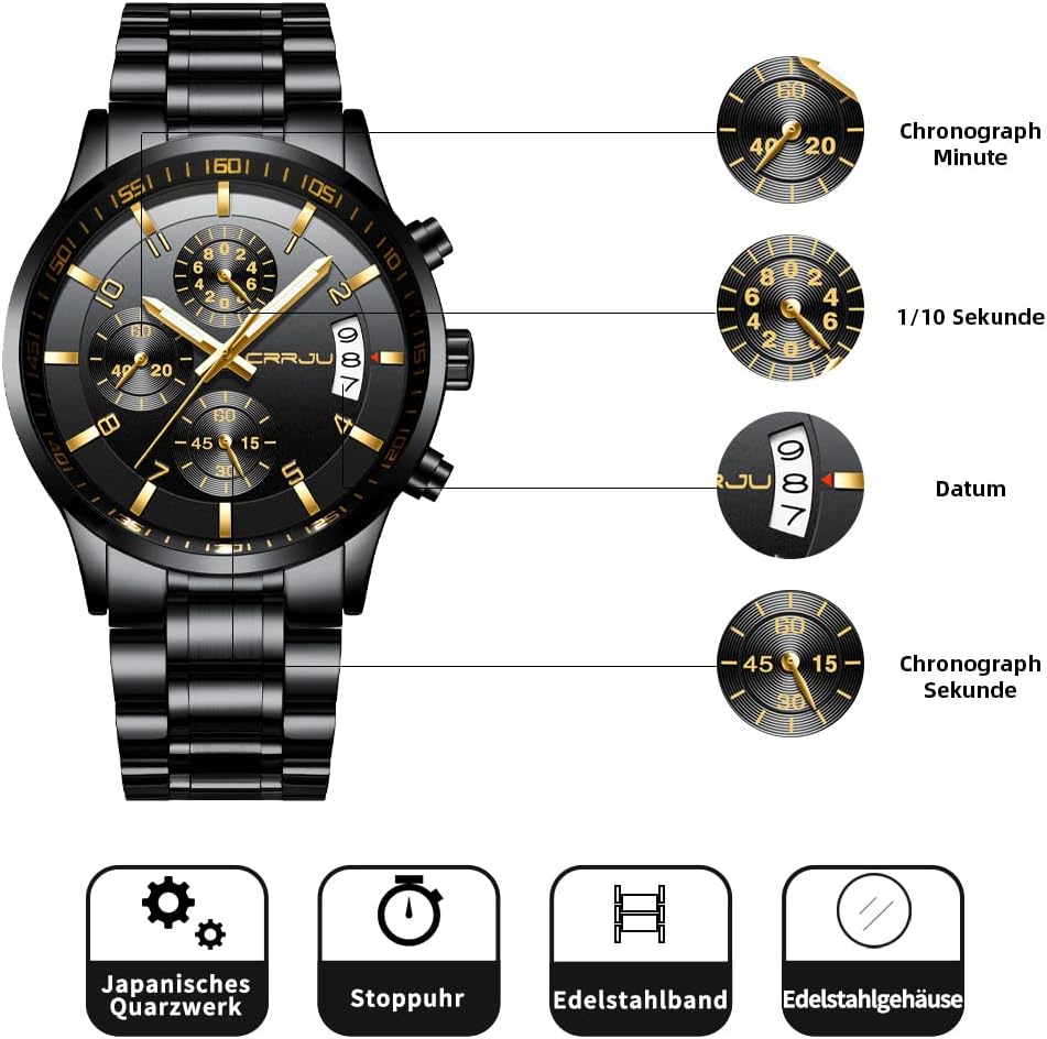 Detalle de CRRJU Herren Uhr – wasserdichtes Chronographen-Modell mit Edelstahlarmband und Datum, blaues Zifferblatt