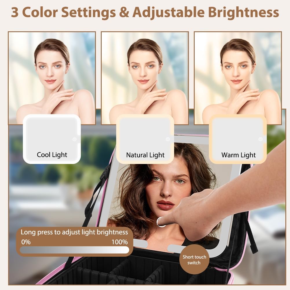 Detalle de OSDUE Trousse de Maquillage avec Miroir Lumière – Trousse de Voyage 3 Couleurs LED, Grand Capacité, Rose