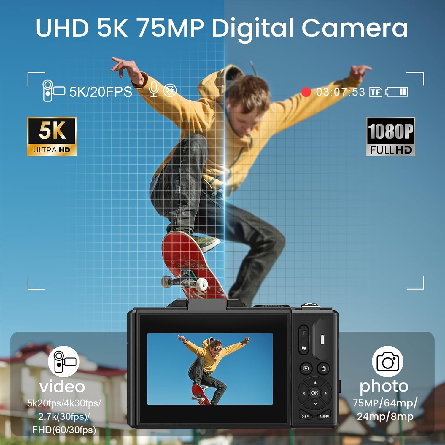 Thumbnail 1 de SOPPY 5K 75MP Digital Camera: Compact Child-Friendly Vlogging Camera with 18x Zoom and 64GB Card