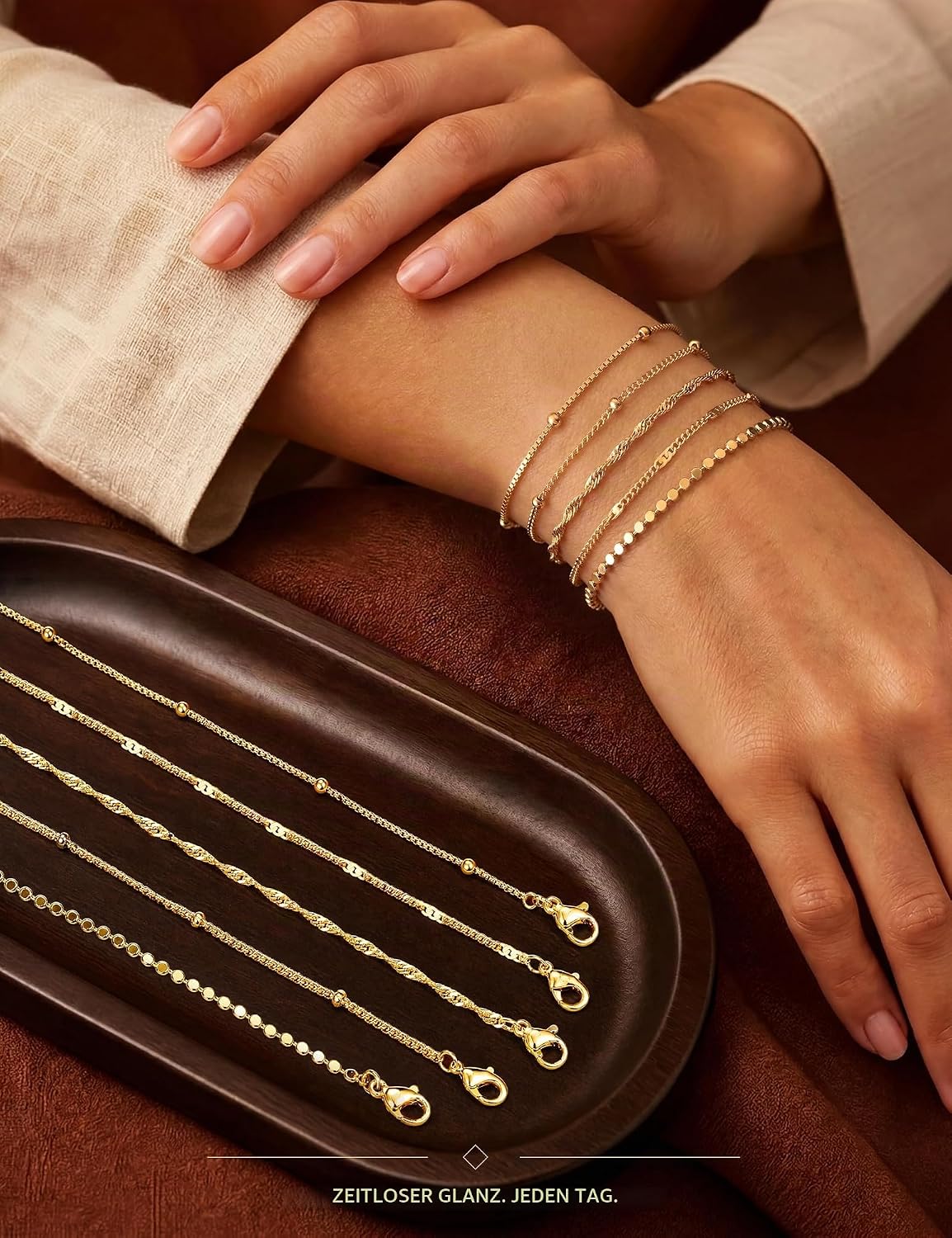 Detalle de Diamday 5er-Set Armbänder, 14K vergoldet, verstellbar und wasserfest