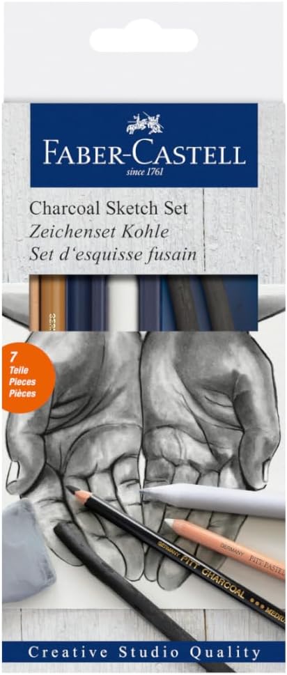 Detalle de Faber-Castell 114006 – Set de dessin Goldfaber Charcoal, 8 pièces (charbon, taille-crayon, essuie-papier et gomme)