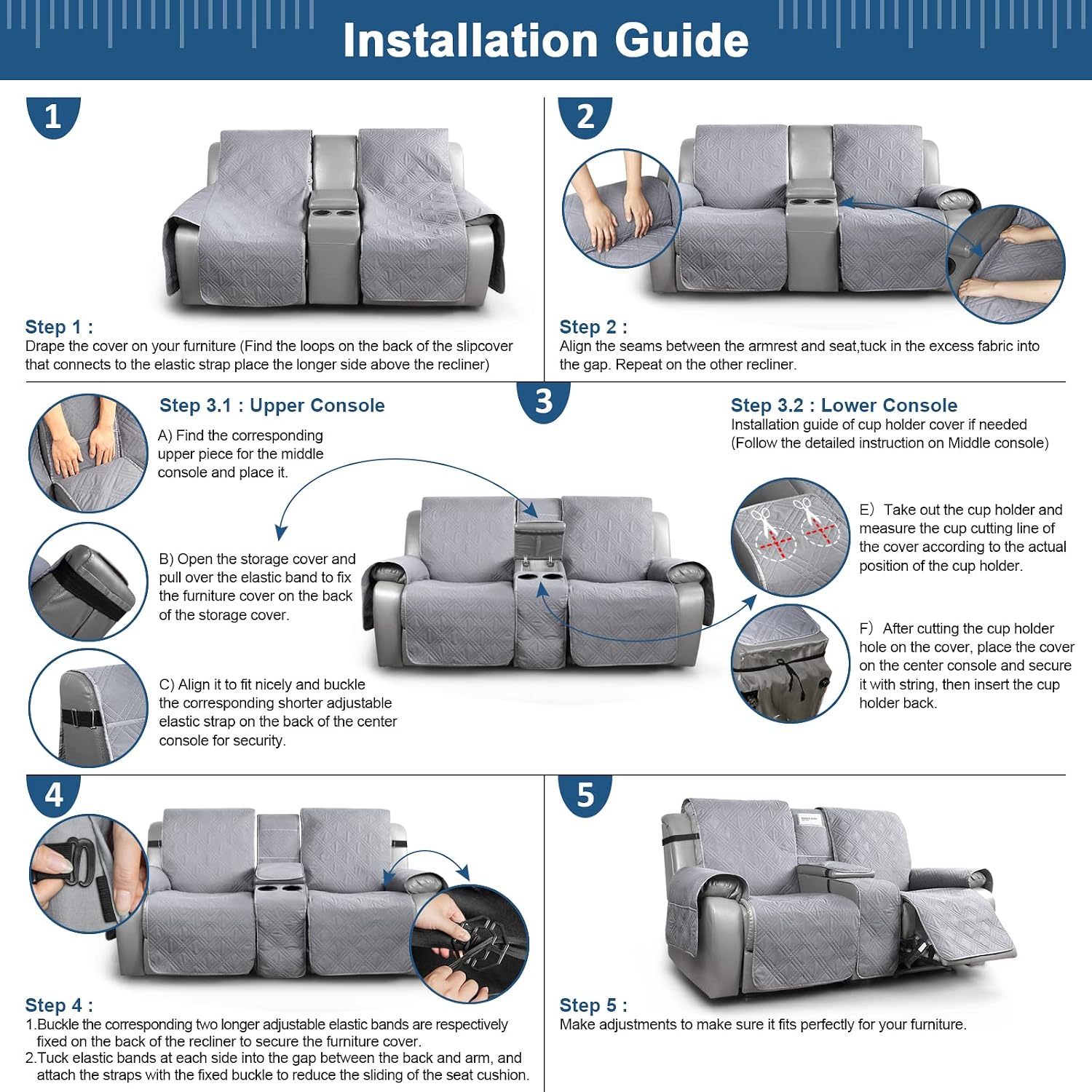Detalle 2 de TAOCOCO JS-MRS-2S-LG Waterproof Split Recliner Loveseat Cover, Grey