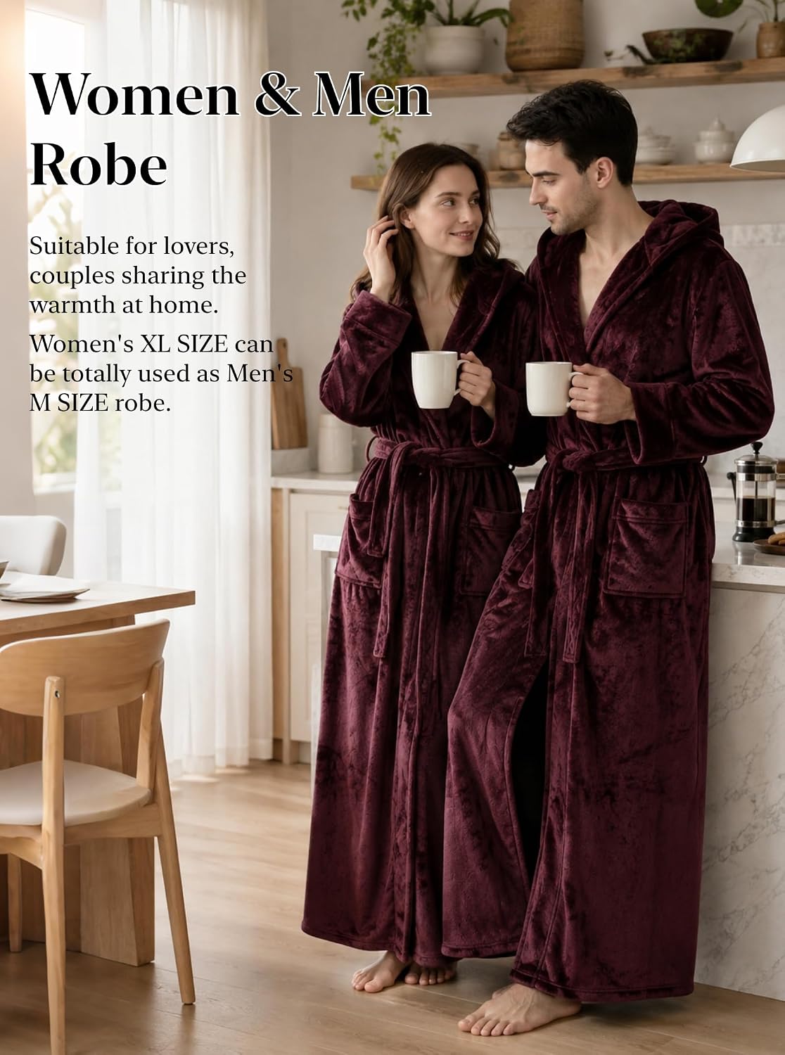 Detalle 2 de Hellomamma HEA81706-W Long Hooded Flannel Fleece Bathrobe with Belt and Pockets