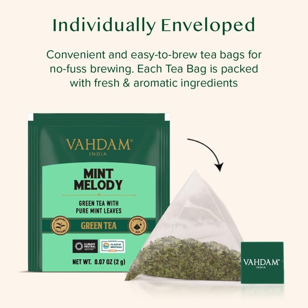 Detalle 2 de Vahdam Mint Melody Té Verde 🌿 30 Bolsitas, Natural, India