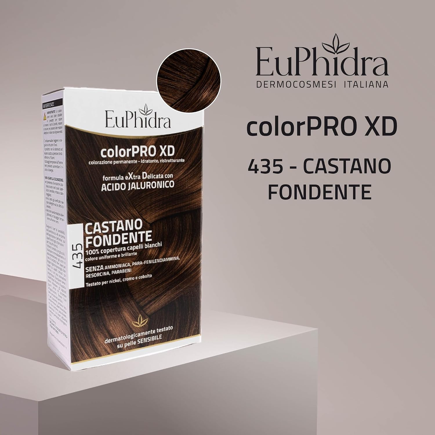 Detalle 2 de Euphidra ColorPro XD: Kit colorazione castano fondente extradelicato 50 ml + base attivante 50 ml + balsamo con acido ialuronico 20 ml
