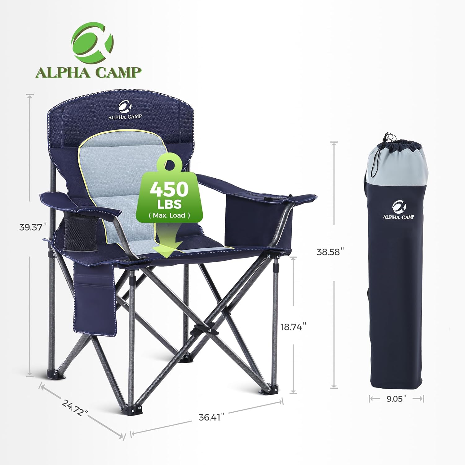 Detalle 2 de ALPHA CAMP Set of 2 Heavy-Duty Folding Camping Chairs (Up to 200kg) – Navy, with Cup Holder, Cooler Bag and Side Pocket
