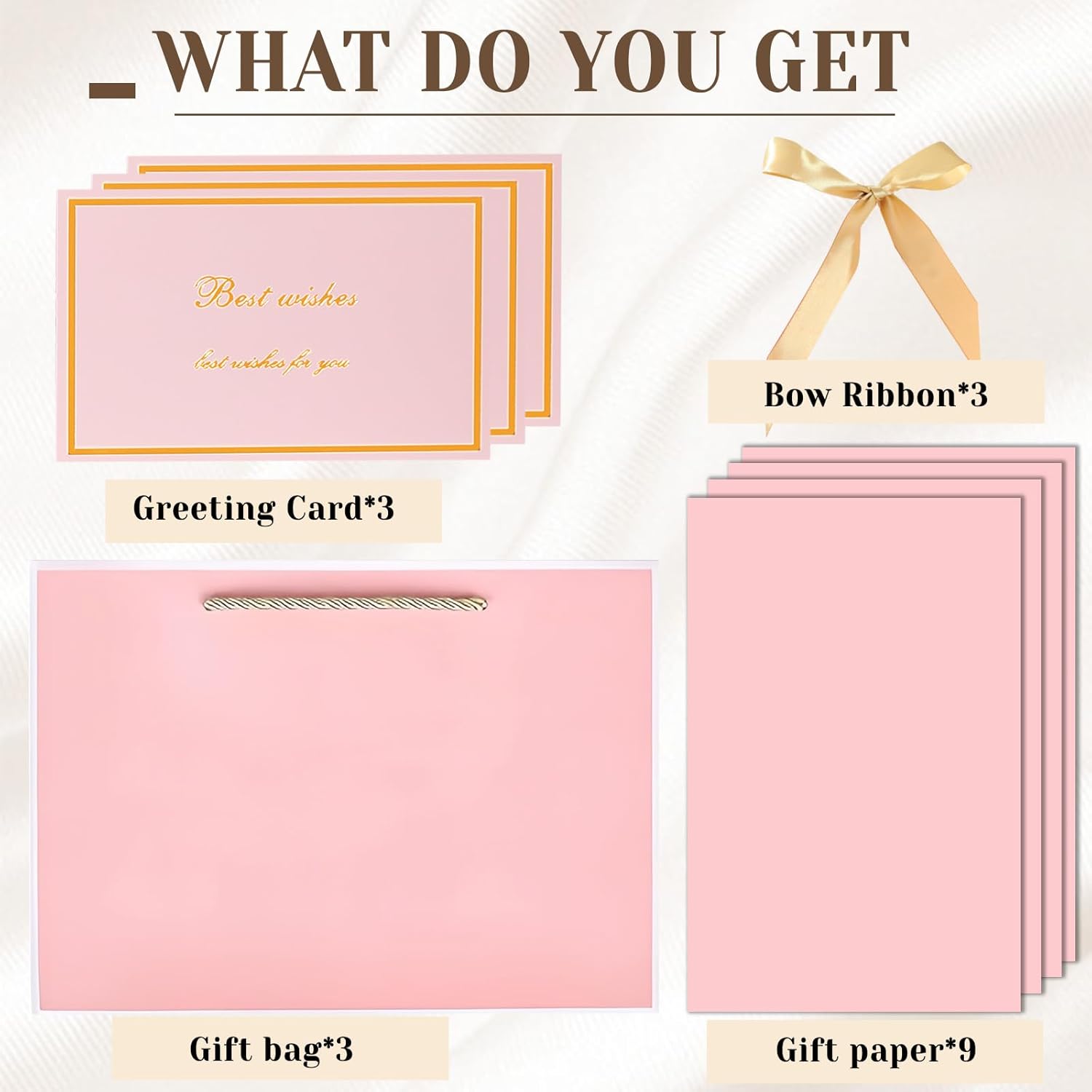 Detalle de Modixun Gift Bags 3-Piece Set: 32cm Large Gift Bags with Ribbon, Greeting Cards and Tissue Paper (Pink-White)