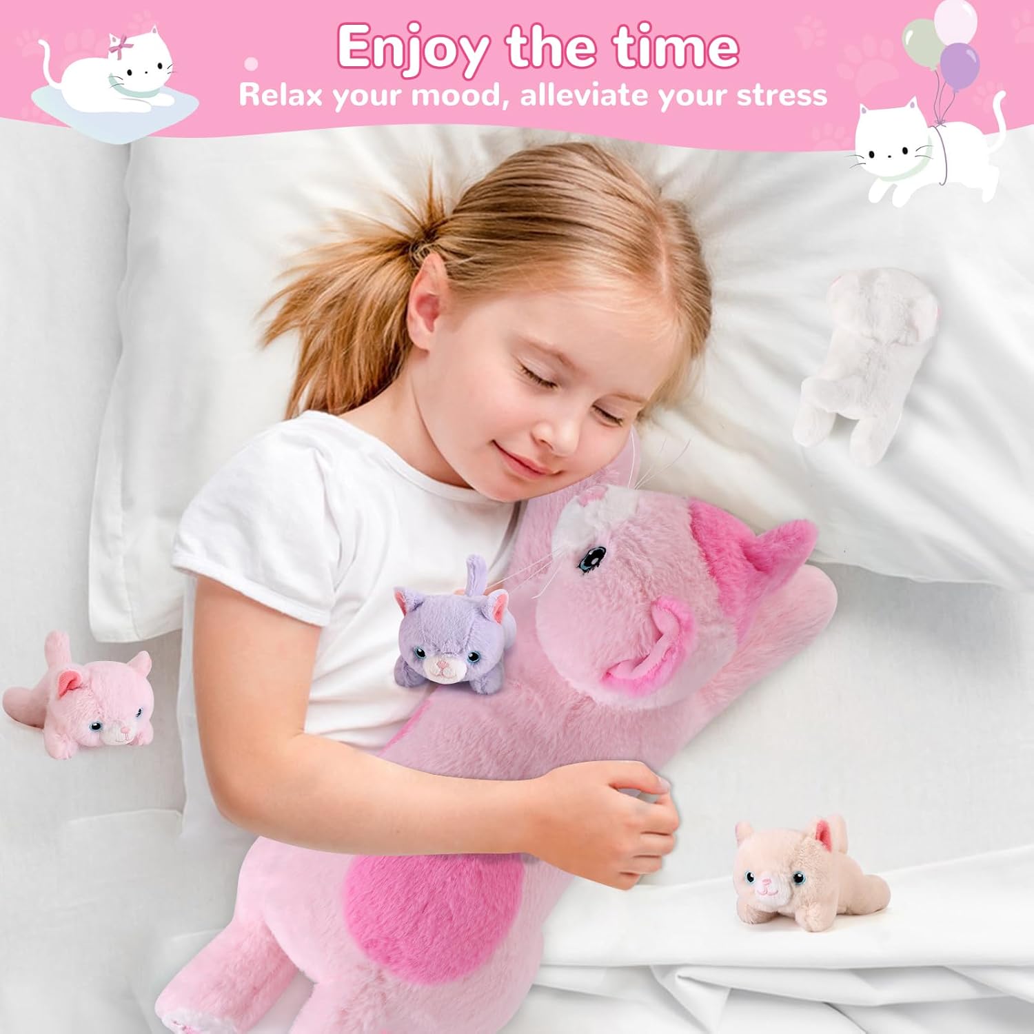 Thumbnail 4 de Gnomantic 5-Piece Mommy Cat Plush Set with 4 Kittens Inside the Belly (Pink) – Surprise Plush Toys for Ages 3–8