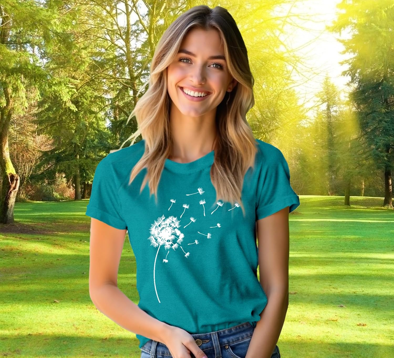 Detalle de Qskall Women’s Dandelion Flower T-Shirt – Casual Summer Tee in a relaxed fit