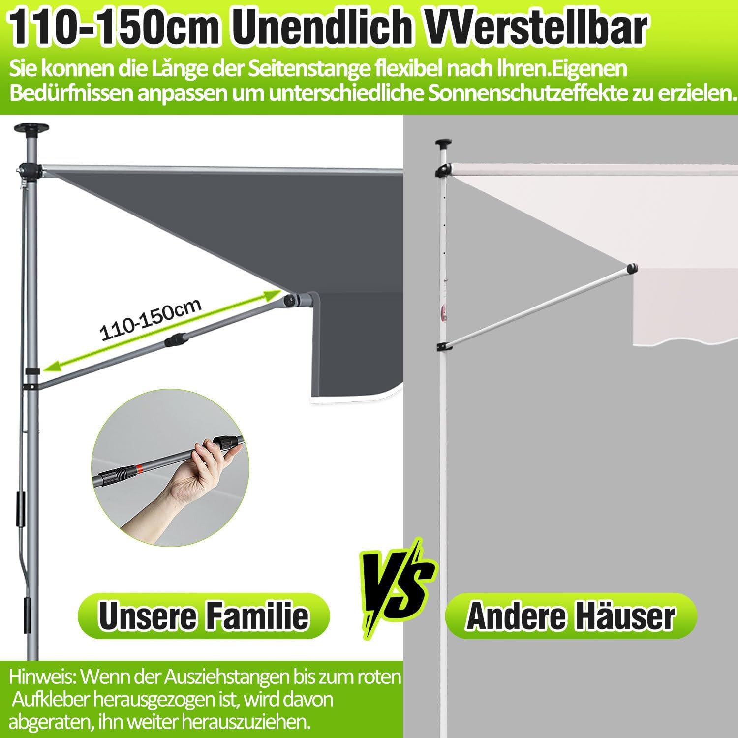 Thumbnail 3 de Ikodm Klemmmarkise 400 cm breit mit Handkurbel – balkonmarkise ohne Bohren, UV-beständig und höhenverstellbar