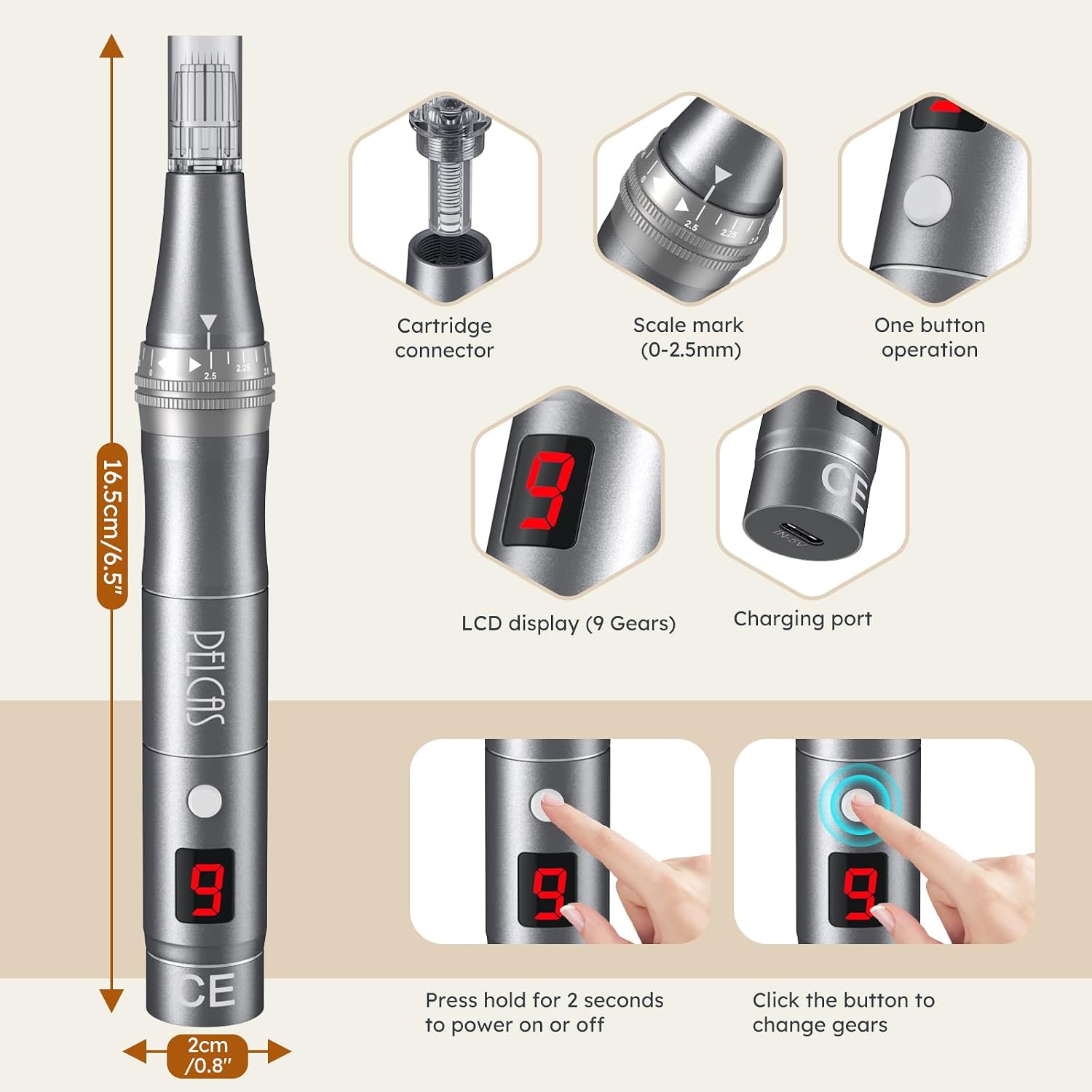 Thumbnail 3 de PELCASE 9-Speeds Microneedling Pen with LCD Screen, 12 Cartridges, Type-C Rechargeable – Black