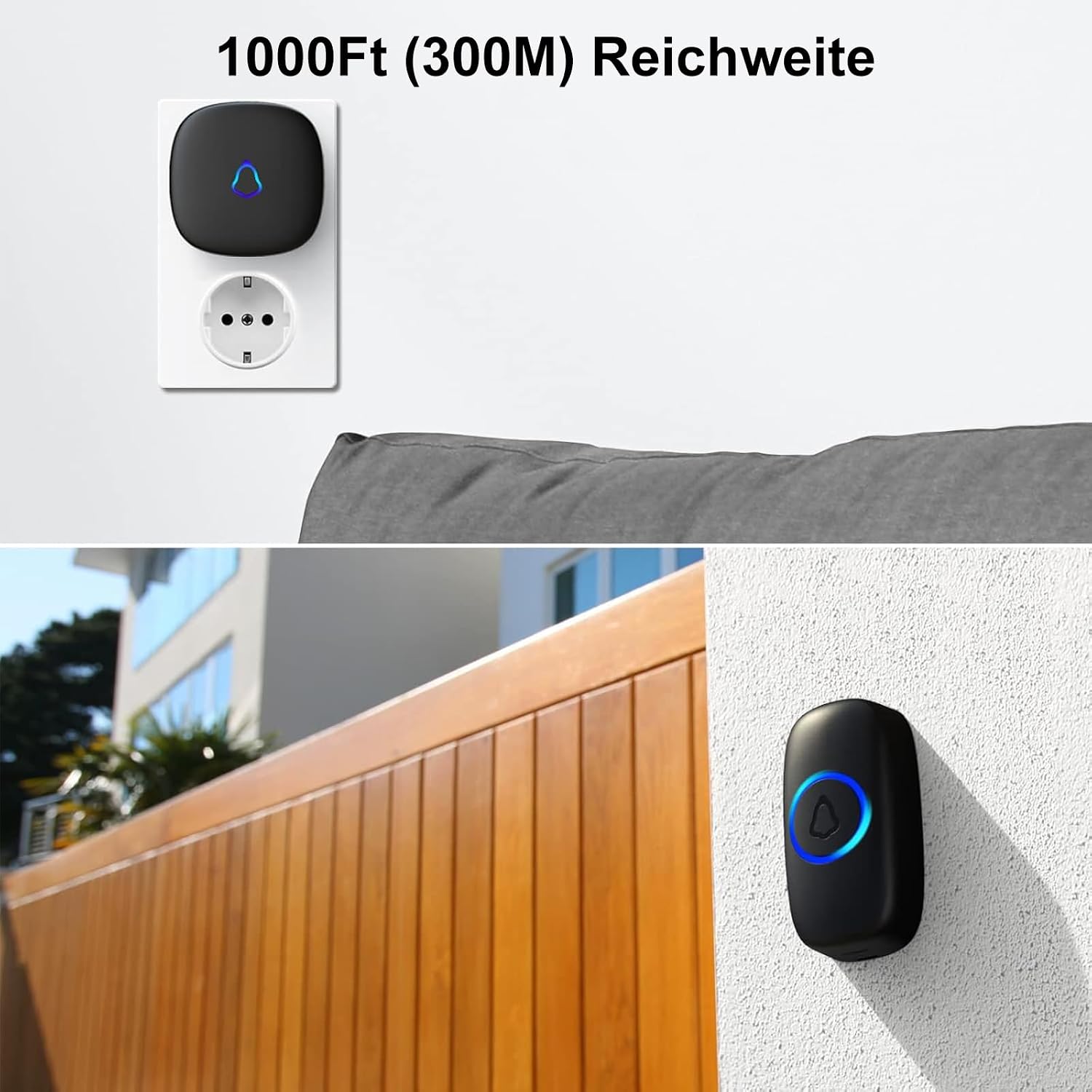 Detalle 2 de SECRUI Funkklingel Türgong Set – 1 Empfänger + 1 Sender, wasserdicht, kabellos, 58 Melodien, 120 dB, 300 m Reichweite
