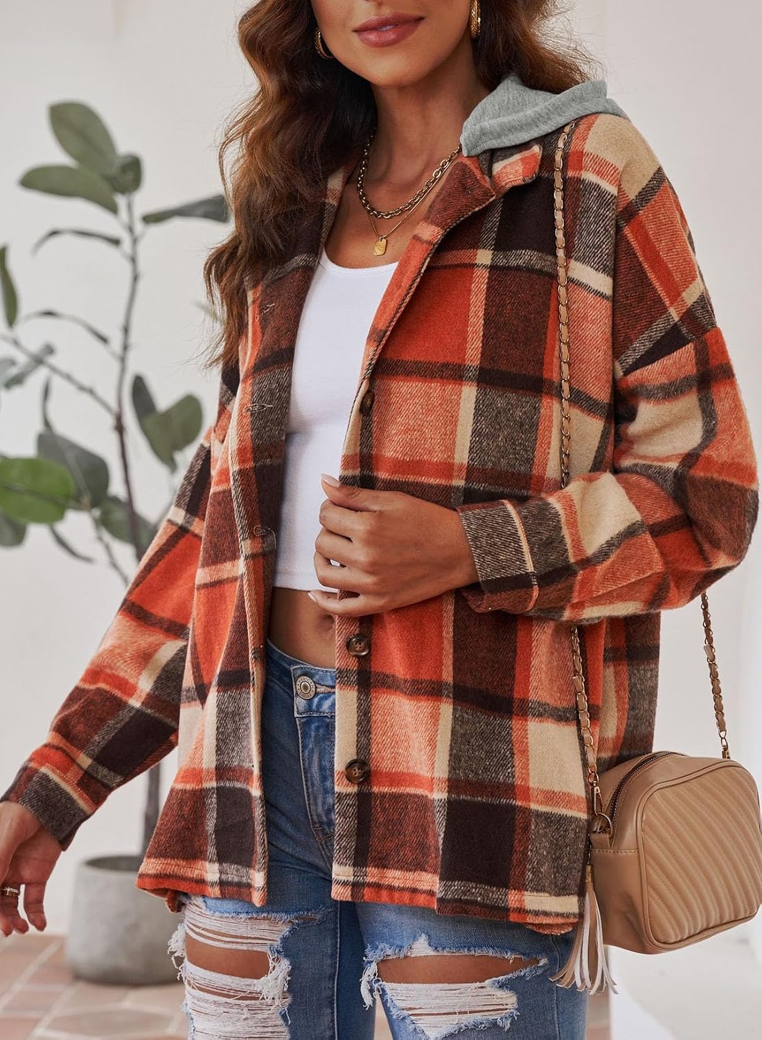 Detalle 1 de SHEWIN Women's Plaid Hooded Shacket