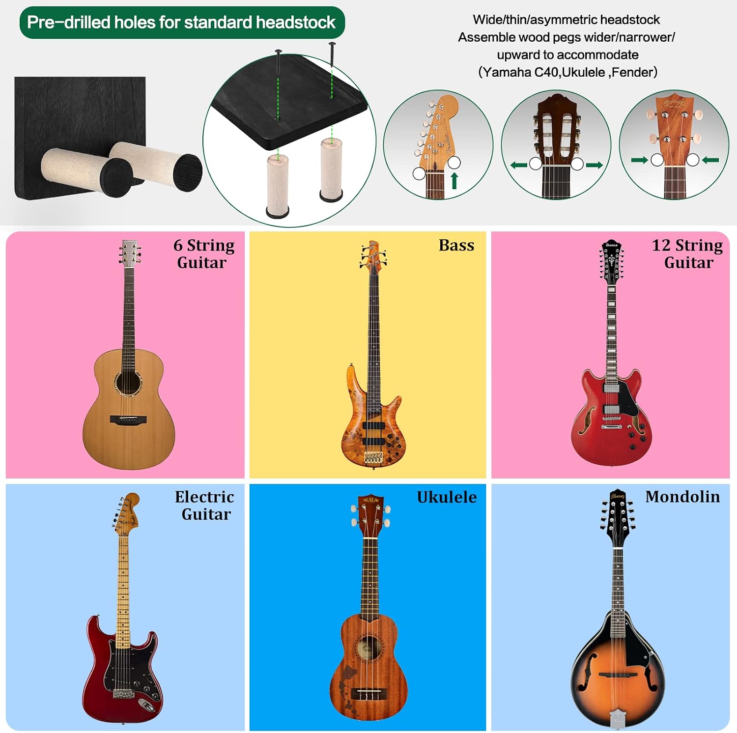 Thumbnail 5 de Keebofly 1005106 Guitar Wall Mount 3-Pack, Rustic Wood with Pick Holder