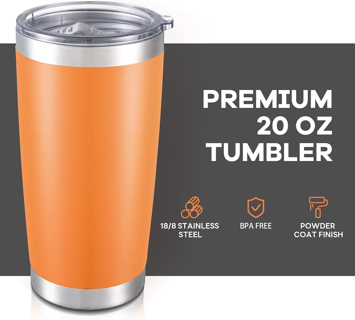 Detalle 2 de Orebigo 20 oz Stainless Steel Tumblers, Orange, 12-Pack with Lids