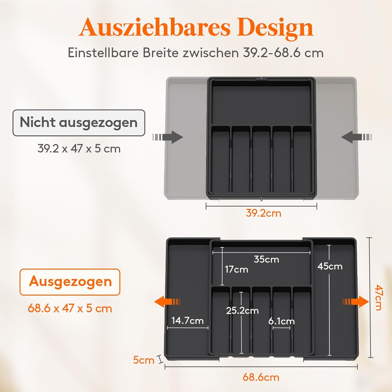 Thumbnail 3 de Lifewit Besteckkasten für Schubladen 40–50, verstellbarer Organizer mit 6–8 Fächern bis 69 cm, Schwarz (Tiefe 47 cm)