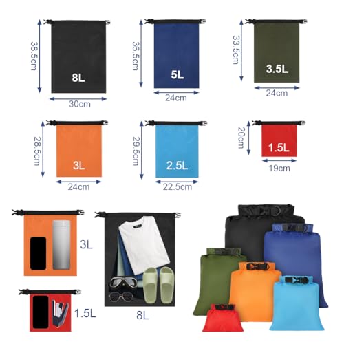Detalle de vsshe – Ensemble de 6 Sacs Étanches légers (1,5–8 L) pour Kayak, Randonnée et Camping