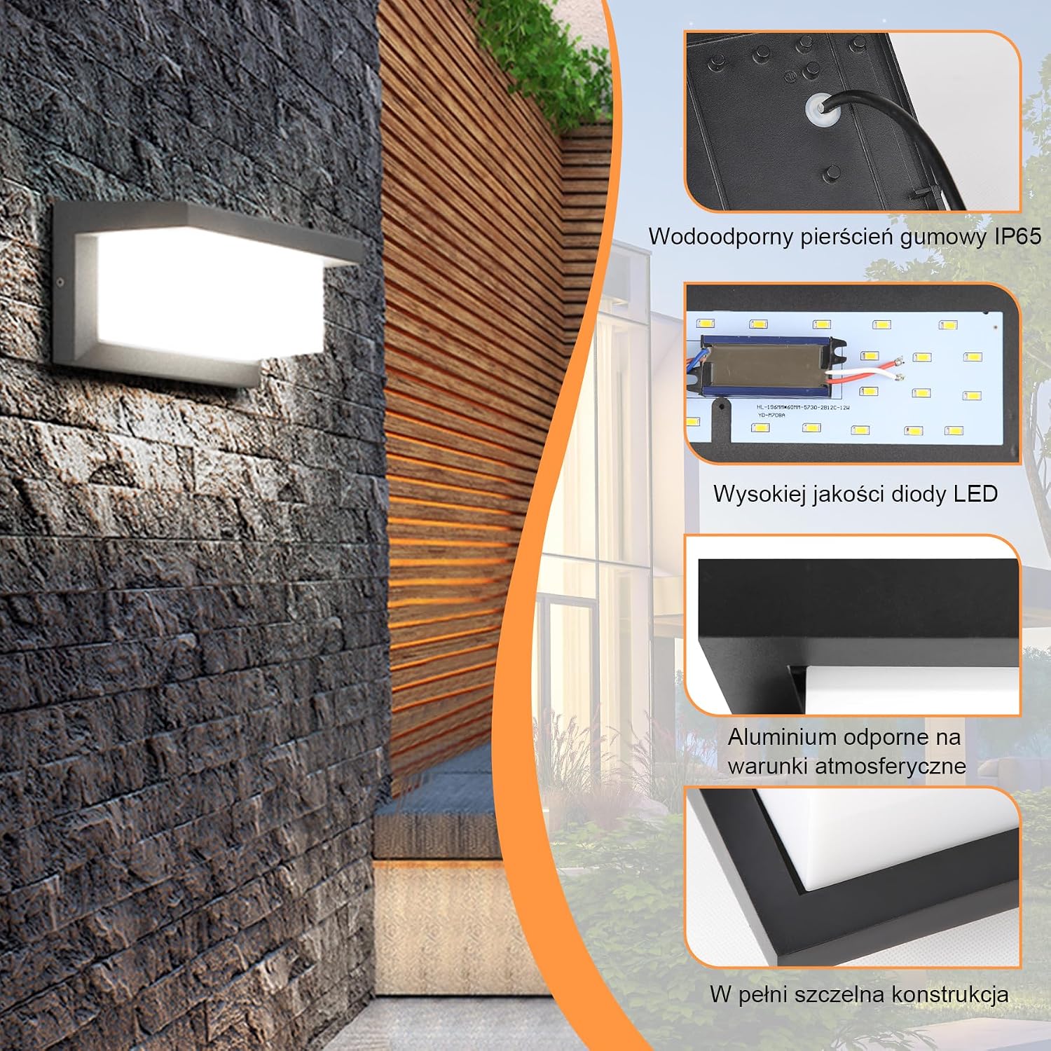 Detalle de YICALE BDA-260-001 – zewnętrzny kinkiet LED 18 W, IP65, 6500 K