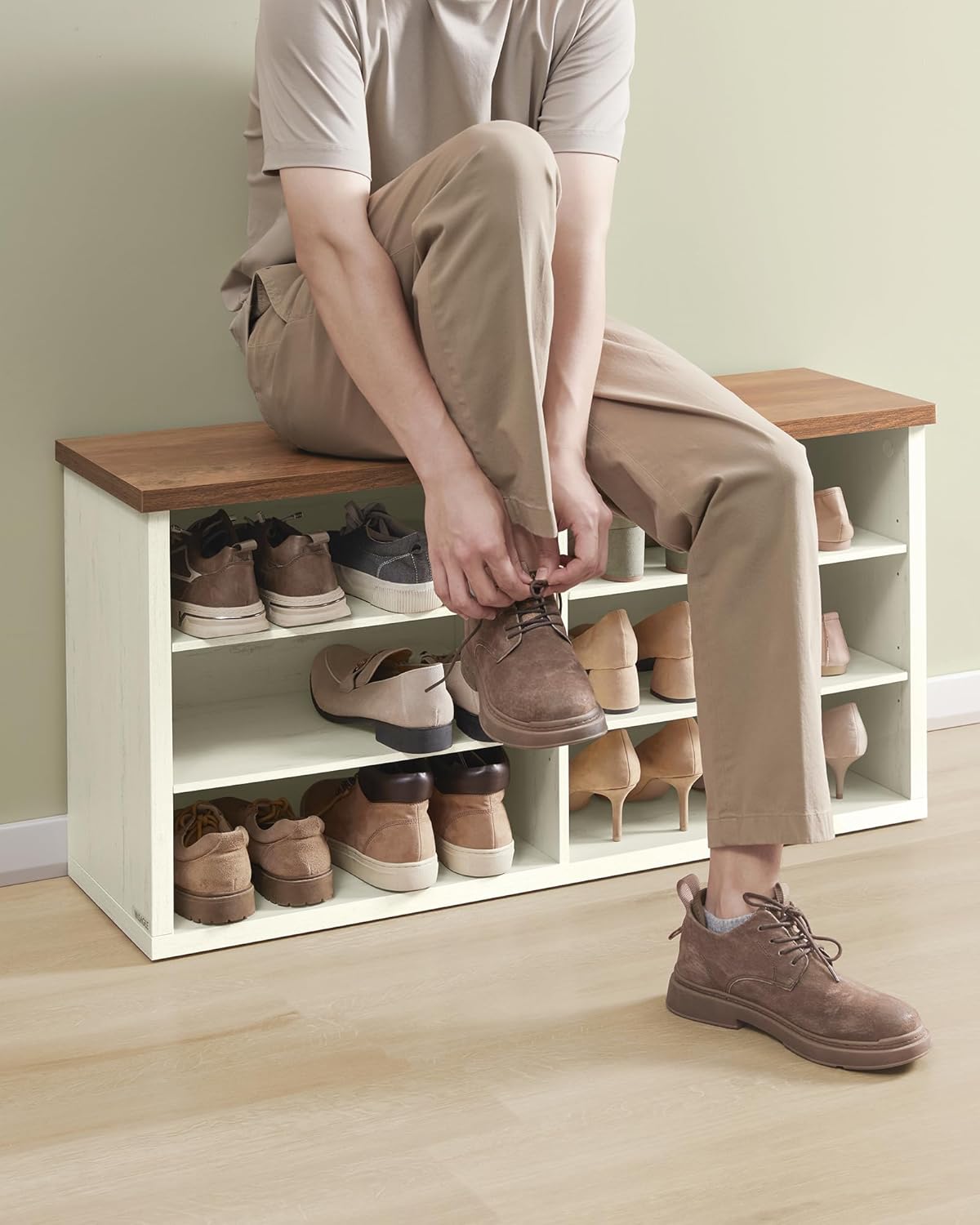 Thumbnail 5 de VASAGLE Banc à Chaussures LSB036W02 – Étagère de rangement à 6 niveaux, blanc vintage et miel, 29,5 x 100 x 50 cm