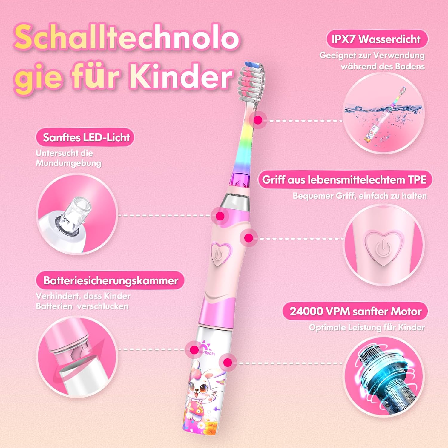 Thumbnail 3 de DADA-TECH Elektrische Zahnbürste für Kinder (rosa Kaninchen) ab 3–6–8–12 Jahren mit Regenbogen-LED & Timer