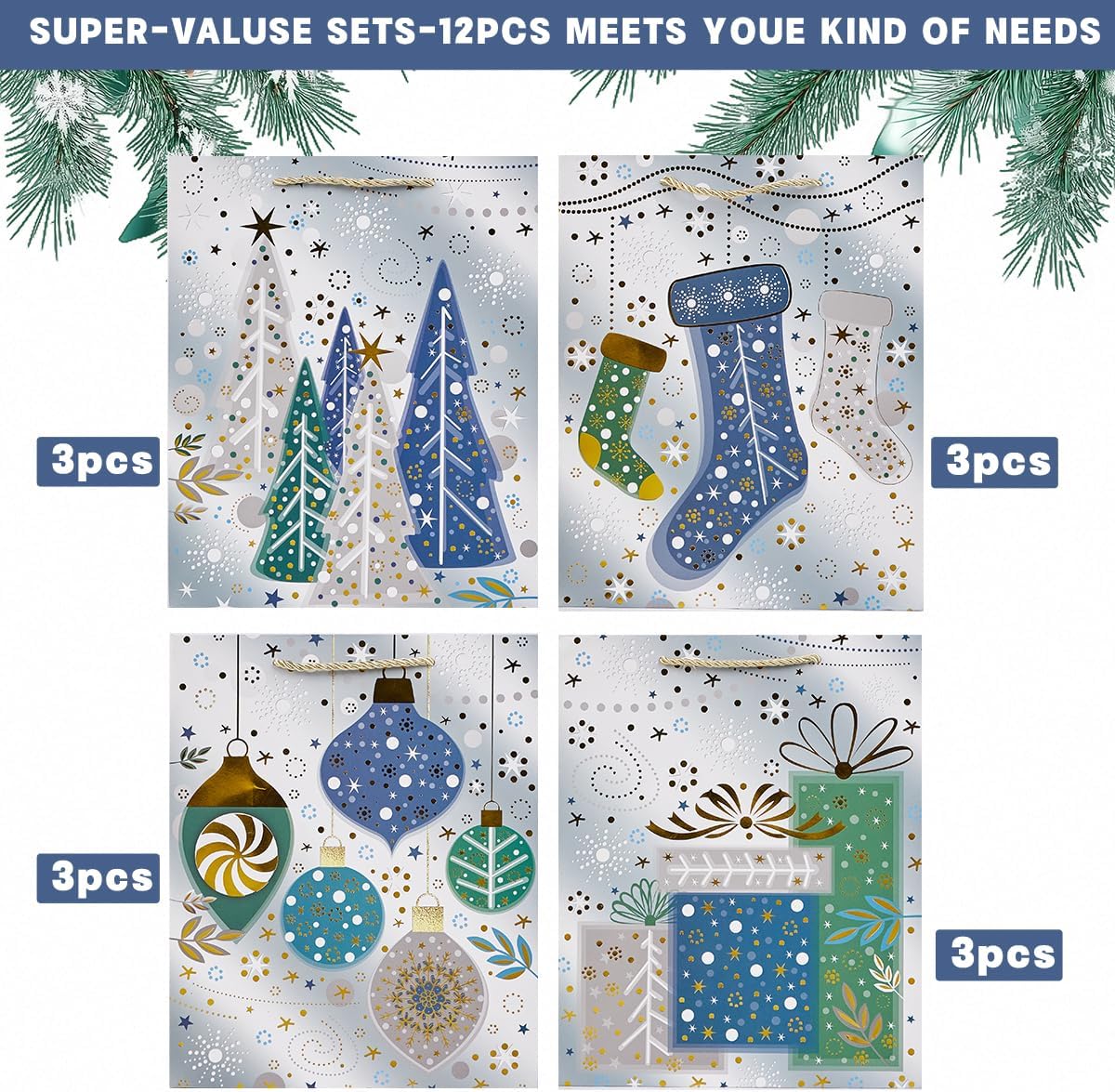 Detalle de 12Pcs Christmas Paper Gift Bags with Tissue Paper (Silver) – 9 Inch Medium Pack