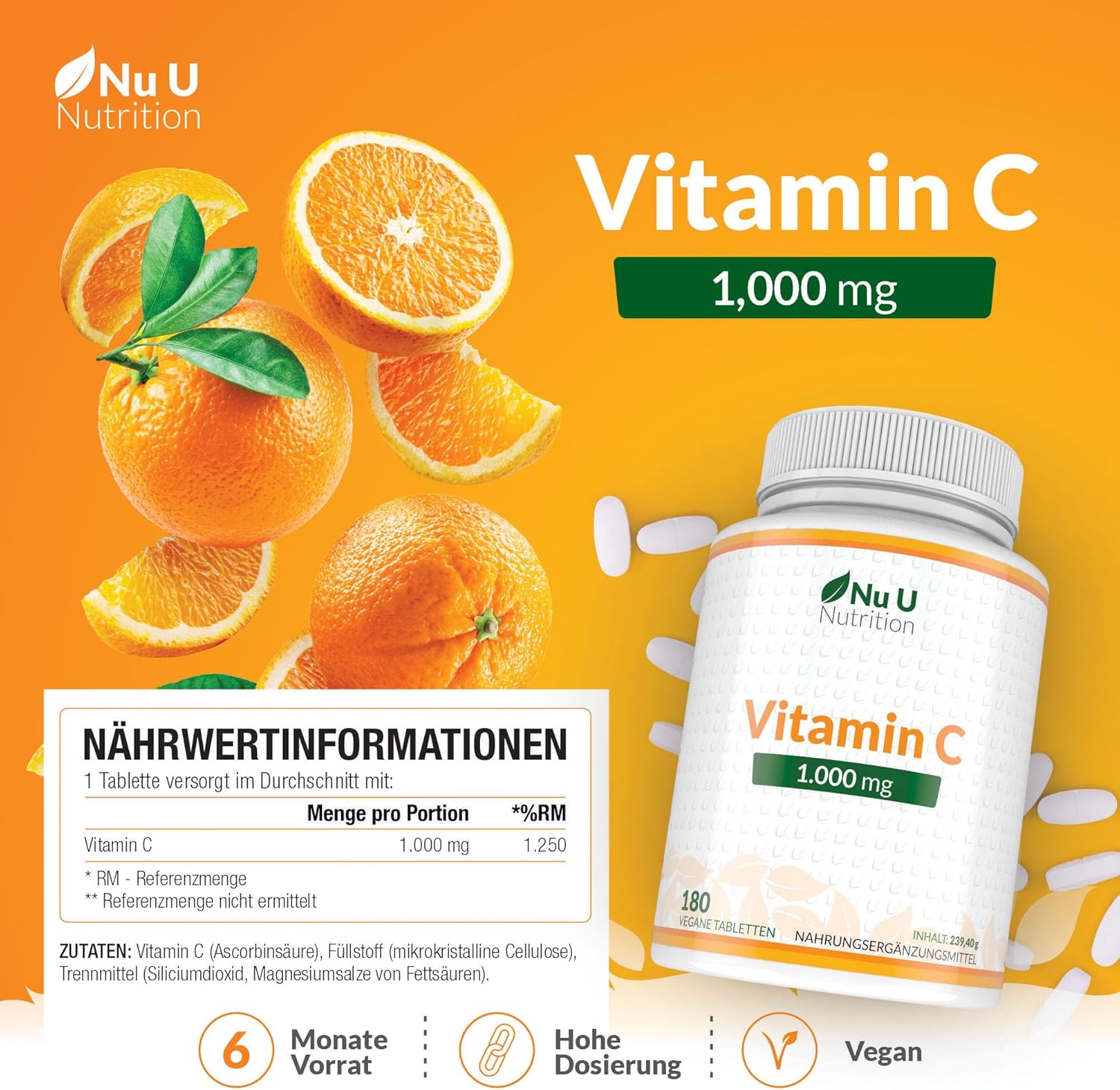 Thumbnail 5 de Nu U Nutrition Vitamin C 1000mg Hochdosiert 180 Vegane Tabletten