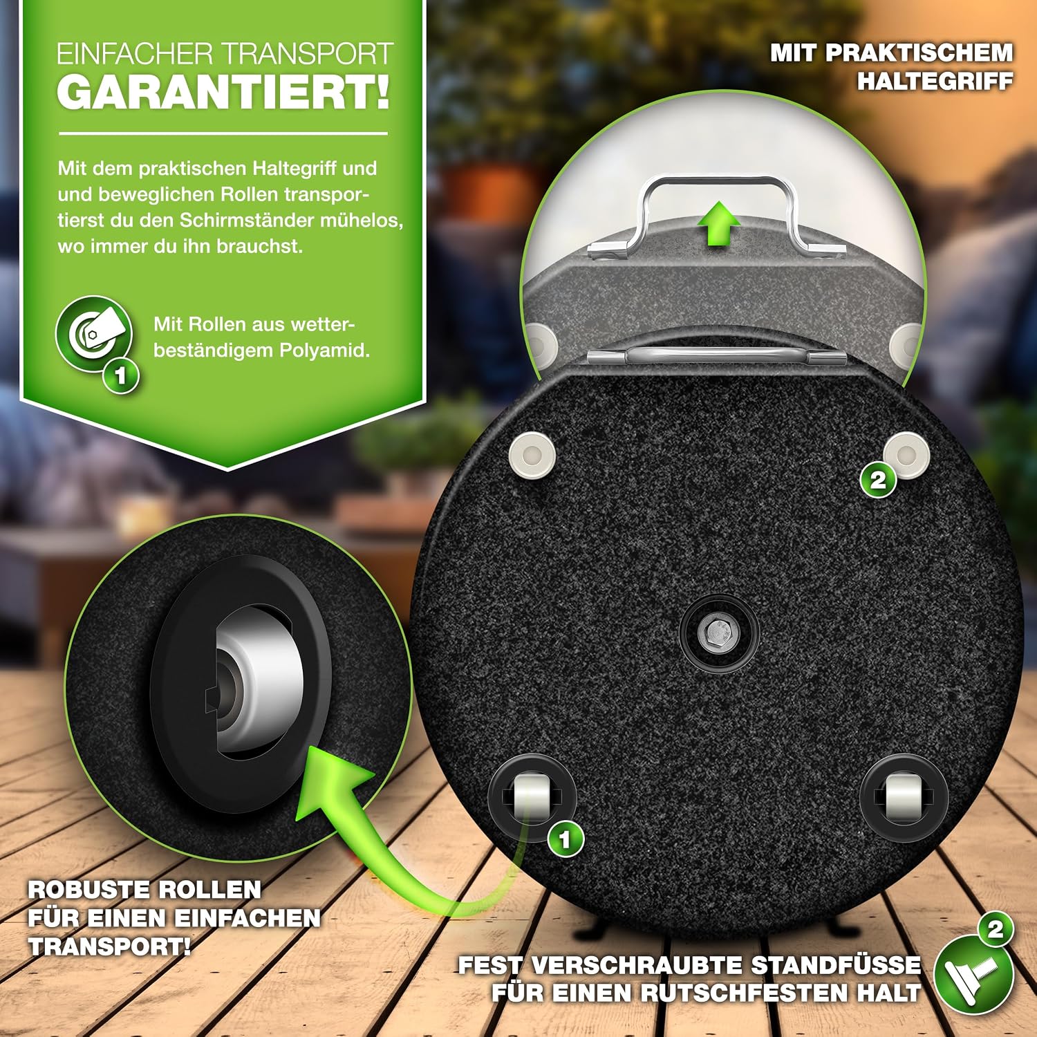 Detalle de tillvex TVGNSSD-008 granieten parasolvoet met wielen en telescopische handgreep